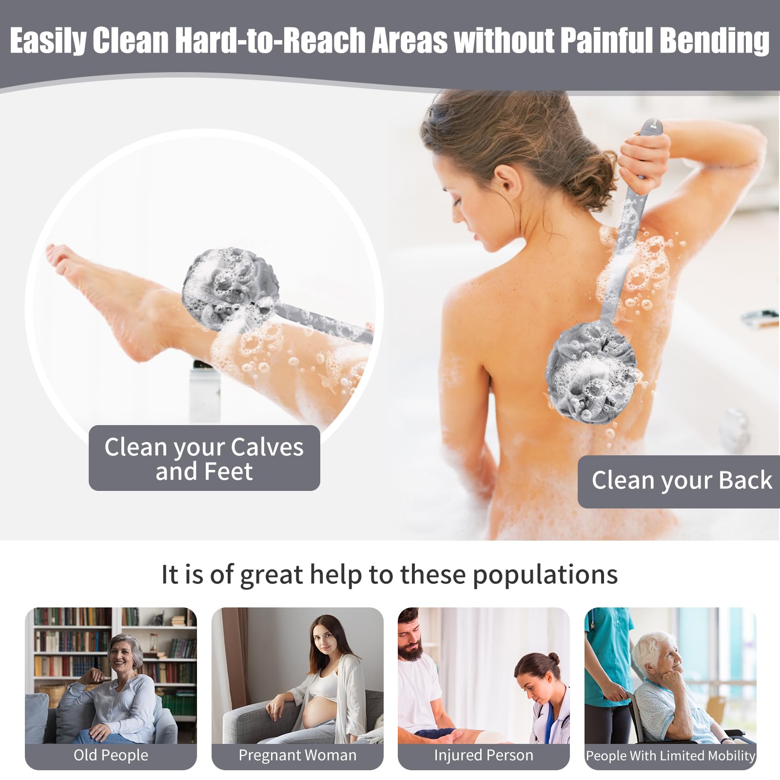 VANZAVANZU Set di Spugne di Luffa, Esfoliante Corpo, Manico di Plastica Antiscivolo da 17" con Spugna da Doccia Soffice, Spugne da Doccia in Morbida Rete PE-Grigio con bordo bianco