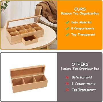 Tea Bag Organizer, Tea Box Organizer Storage Box Tea Bag Holder with Drawer & Acrylic Window 8 Compartment Tea Storage Chest Container for Spice Pouches and Sugar Packets