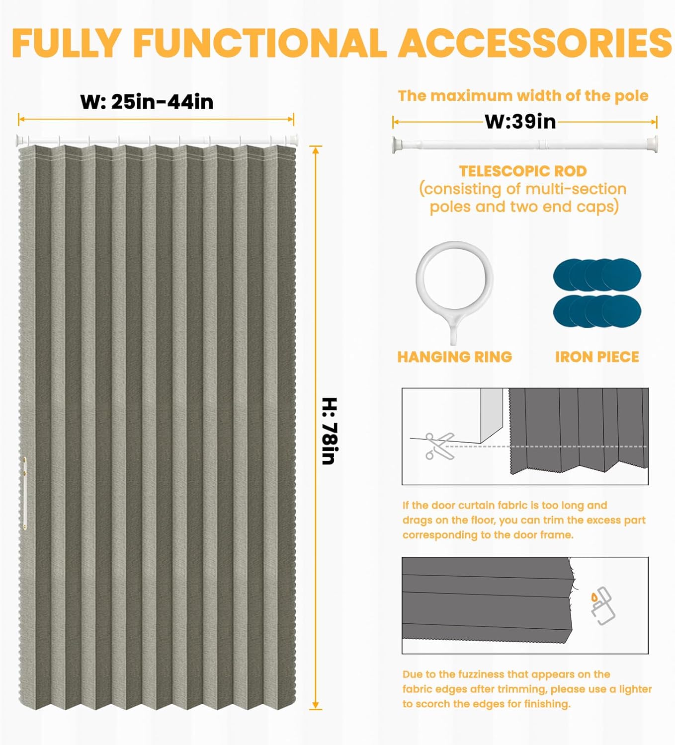AJAZZ 100% Blackout Accordion Doors Interior Invisible Folding Door for Bedroom Living Room Doorway Curtain Sets (1 Pack, 44 W x 78 L, Grey+Rod)