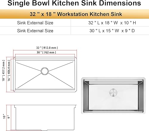 Miniatura 178 de Fregadero de cocina negro de 33 pulgadas, fregadero de acero inoxidable calibre 16, fregadero de estación de trabajo de un solo tazón con reborde