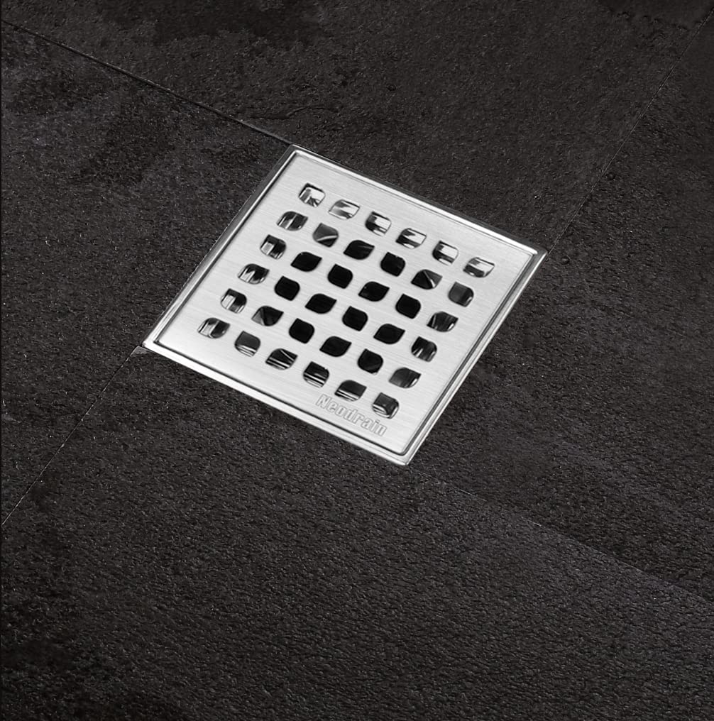 Neodrain Siphon de douche carré de 10,2 cm avec grille amovible, comprend une passoire à cheveux, une bride de liaison avec tissu anti-mèche