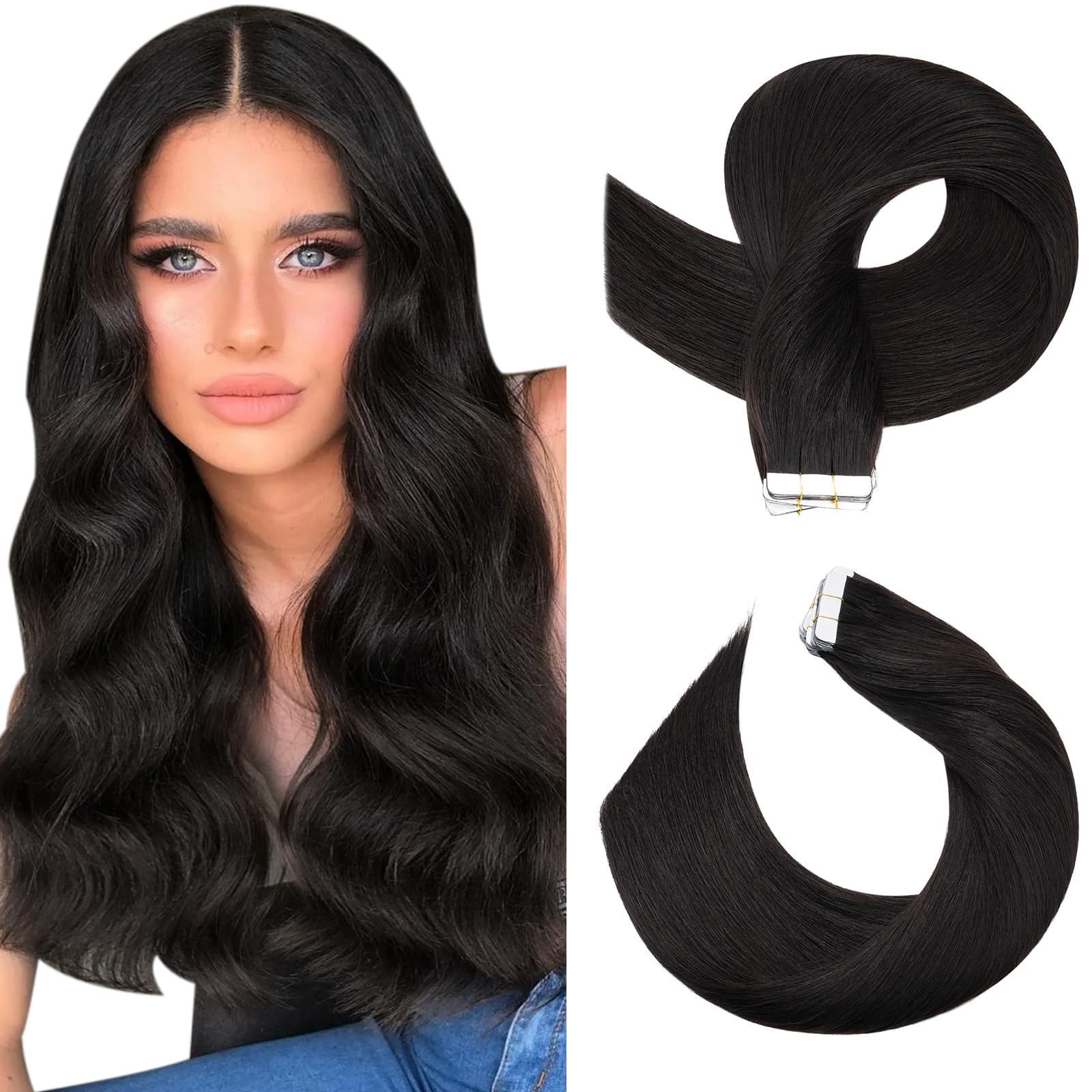 SEGOHAIR Tape in Hair Extensions Human Hair, 18" Invisible 10Pcs Real Hair Straight Natural Remy Tape Hair Extensions - Natural Black