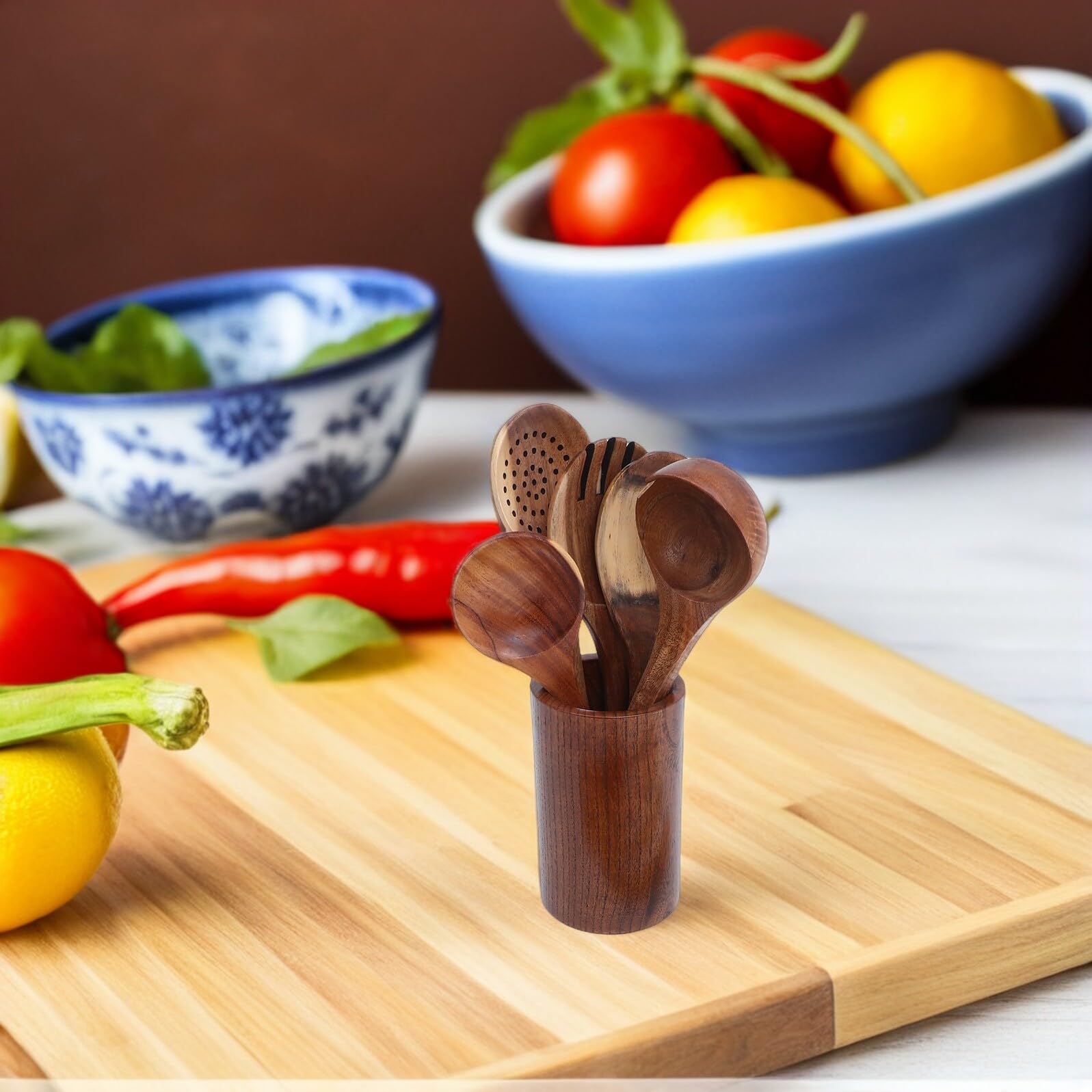 Mobestech Drewniany Zestaw Narzędzi Kuchennych Sztuk z Łyżkami i Łopatkami Ergonomiczne Antypoślizgowe Uchwyty Przyjazny dla Powłok Nieprzywierających z Pojemnikiem Do Przechowywania Idealny