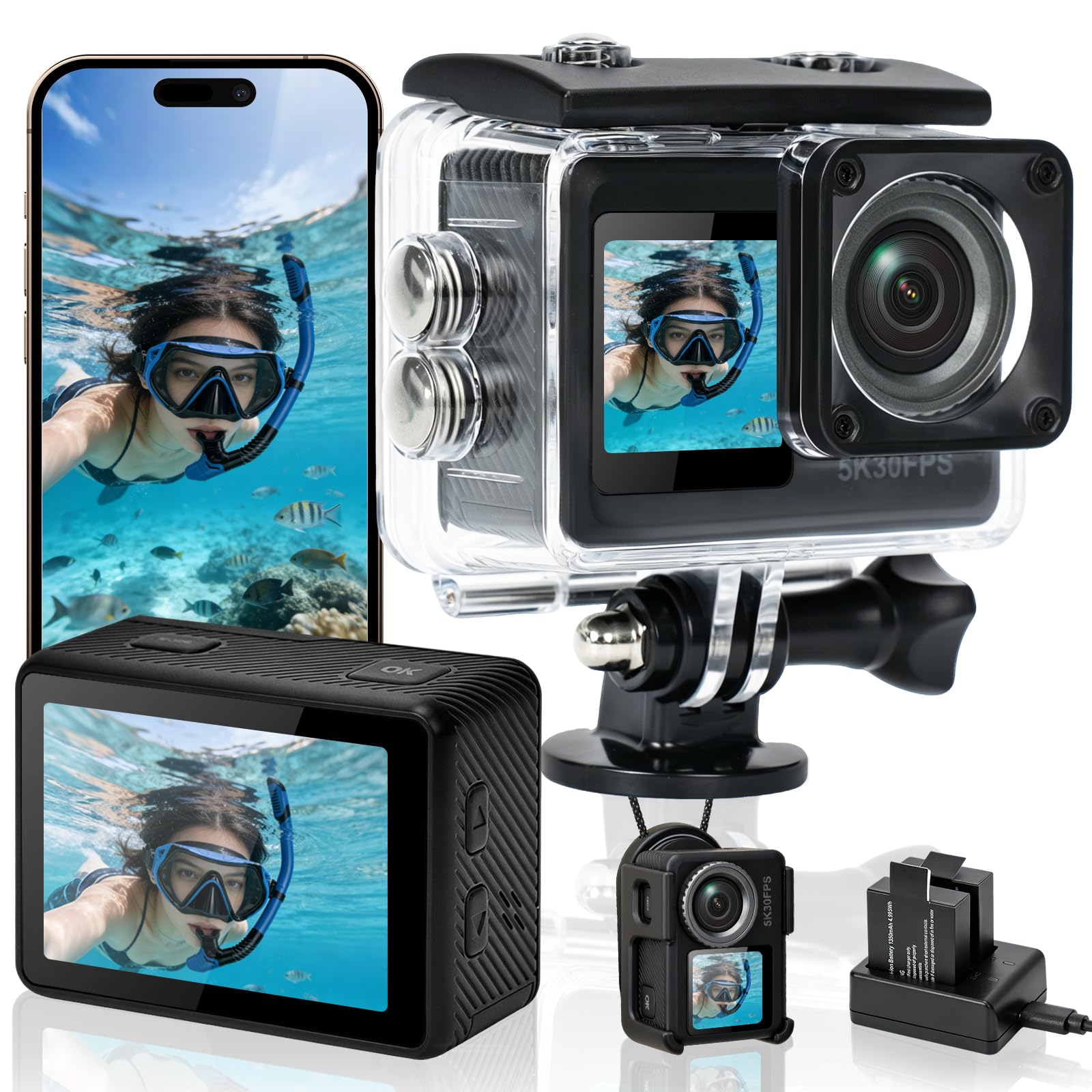 AIKER Action Cam 4k,Action Kamera Mit 5k/30fps,64mp,Ultra Stabil EIS Bildstabilisierung,130° Weitwinkel,Extreme Laufzeit,Einzigartiger Magnetständer Pro-Version Action Cam Für Motorrad,Fahrrad&Outdoor