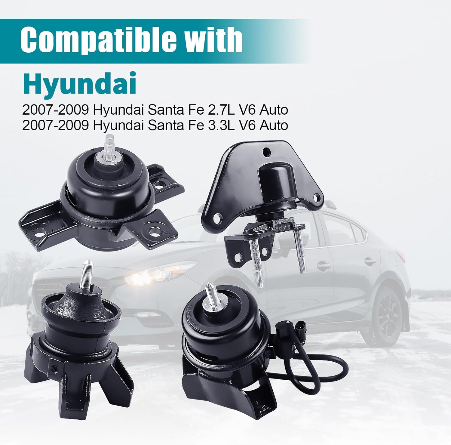 Engine Motor Mount & Transmission Mount Set Compatible with 2007-2009 Hyundai Santa Fe 2.7L/3.3L V6 Auto - 4PCS Replacement for A7150 A71080 A7166 A7175