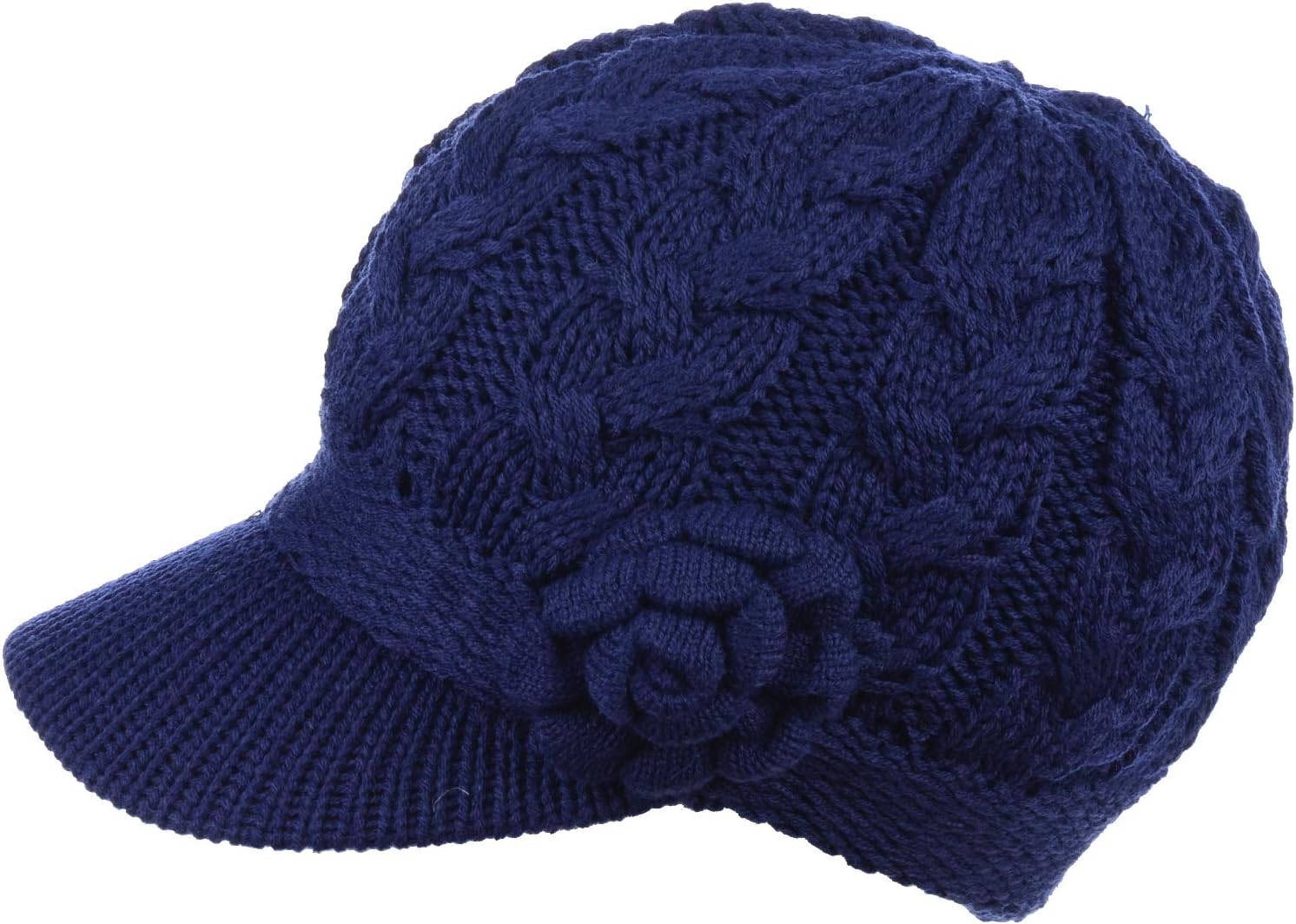 Womens Winter Elegant Cable Flower Knitted Newsboy Cabbie Cap Beret Beanie Hat with Visor, Warm Plush Fleece Lined - Image 2