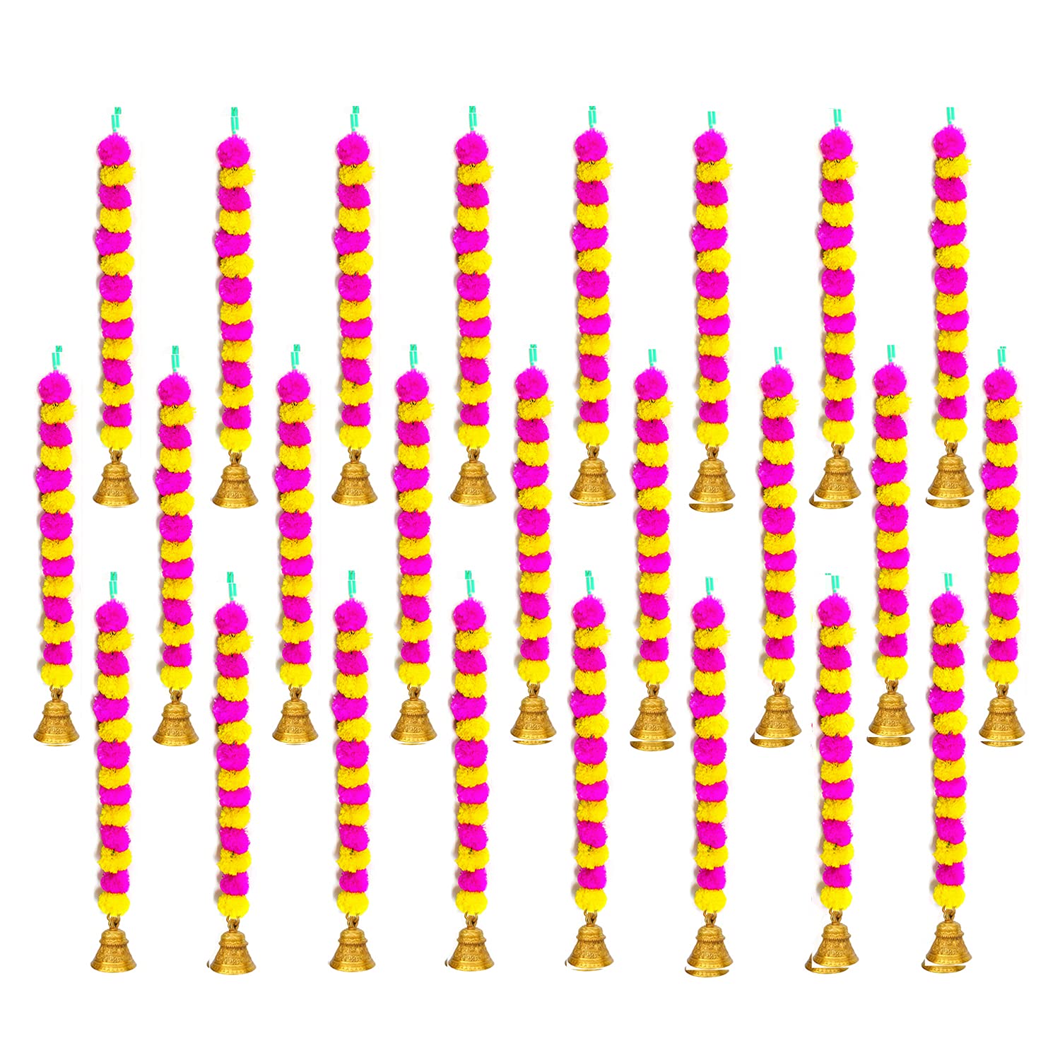 iHandikart Marigold Garland Artificial Fluffy Flower with Bell in The Bottom Used for Diwali Decoration|Home Decoration,Colour Pink & Yellow, Pack of 25 (31547)