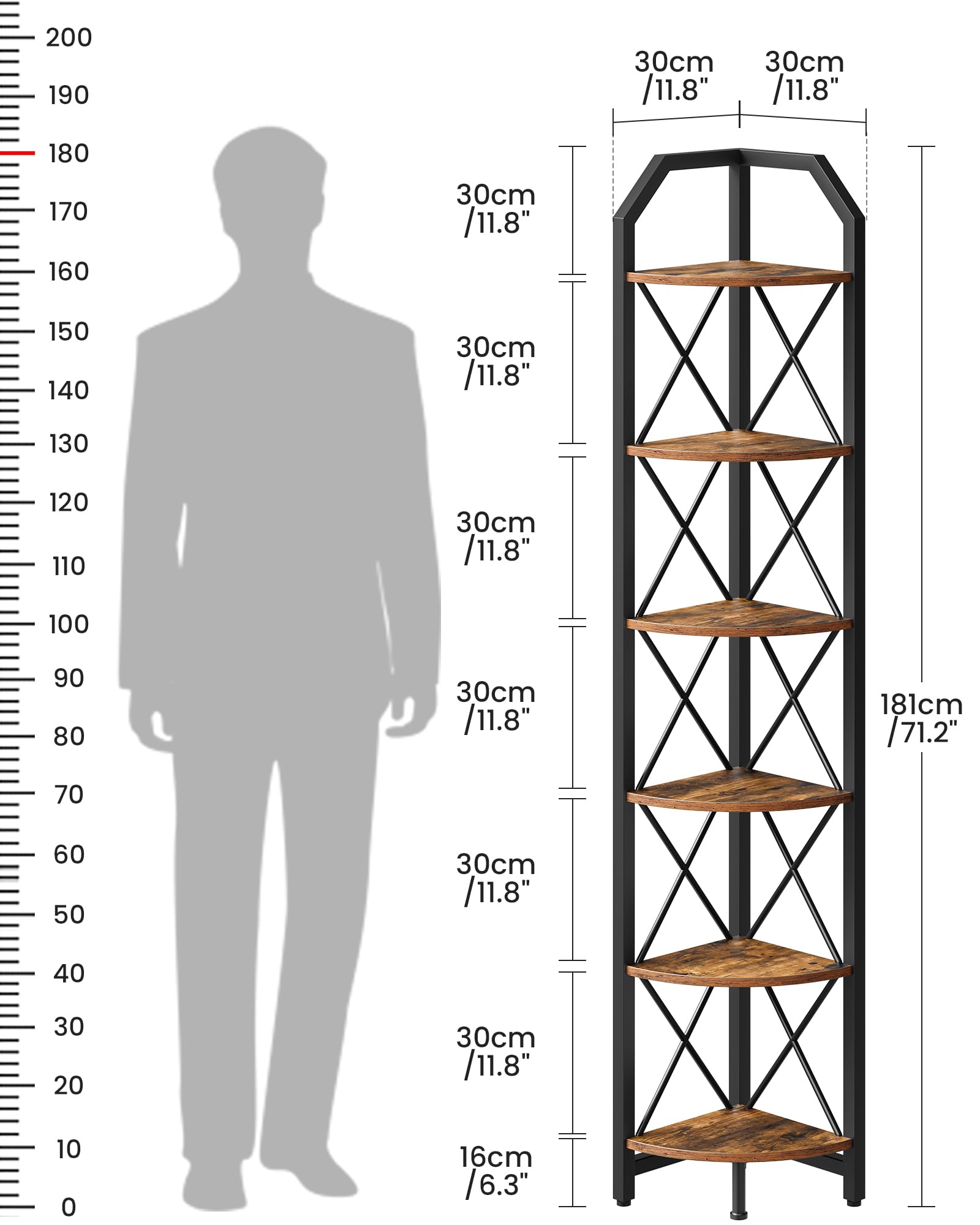 CHOEZON 6-poziomowa półka narożna, przemysłowy narożny regał na książki, 180 cm, stojak na rośliny, regał narożny do sypialni, salonu, biura domowego, rustykalny brązowy i czarny TCJ11BF
