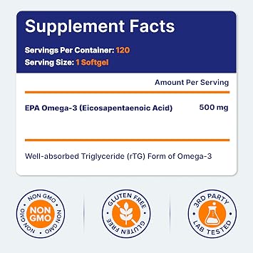 OmegaVia EPA 500, Purified Omega-3 Fish Oil Supplement, 500 mg EPA in Triglyceride Form, Burpless Fish Oil, Non-GMO, Gluten-Free, IFOS 5-Star, 120 Softgels