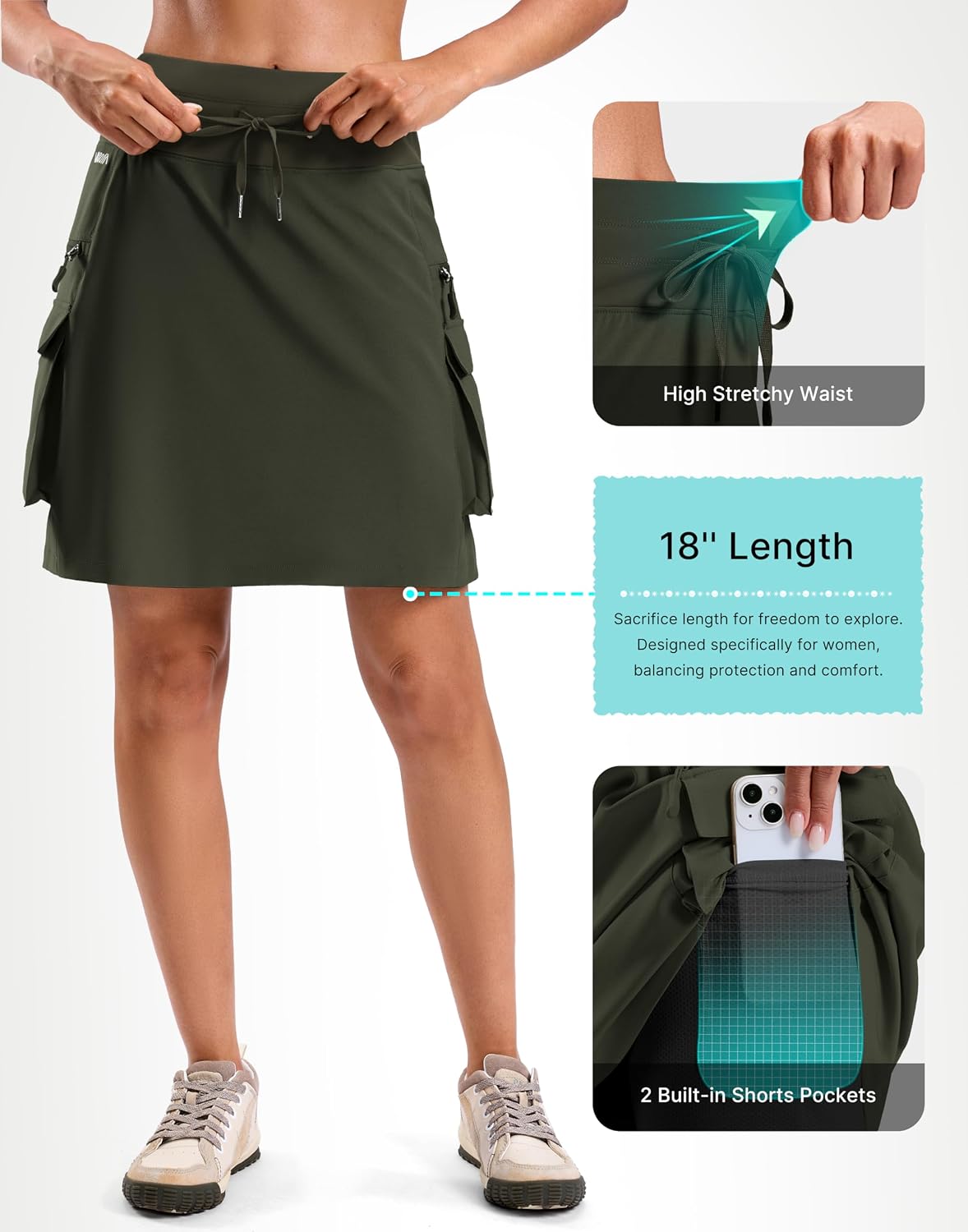 Viodia 18'' Cargo Skorts for Women with 6 Pockets Hiking Knee Length Skirt High Waisted Golf Skort for Travel Casual