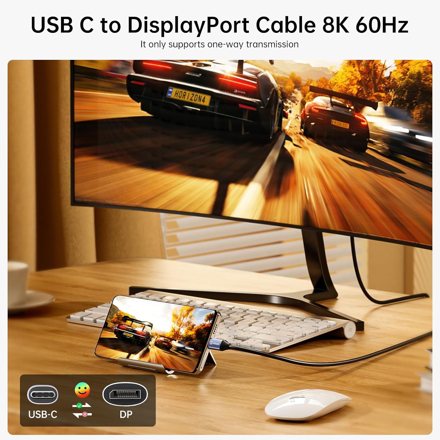 USB C to DisplayPort 1.4 Cable 8K@60Hz 4K@240Hz, Unidirectional Thunderbolt 4/3 to DisplayPort Cord USB C to DP Cable 32.4Gbps for iPhone 15/16 Galaxy Laptop MacBook Pro/Air Monitor(3.3ft)