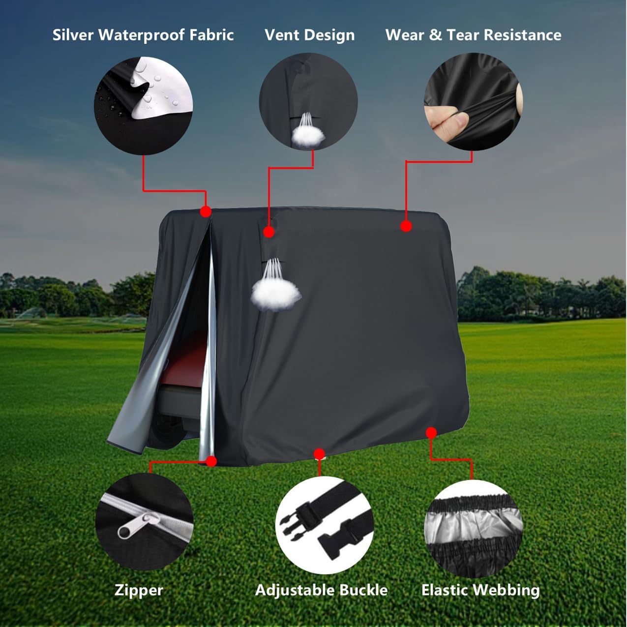 2/4 Passenger Golf Cover for Yamaha EZGO Club Car, 500D Silver Coated Waterproof Durable Polyester Golf Cover, Windproof,Sunproof,Dust Proof (Black-112x48x73in)