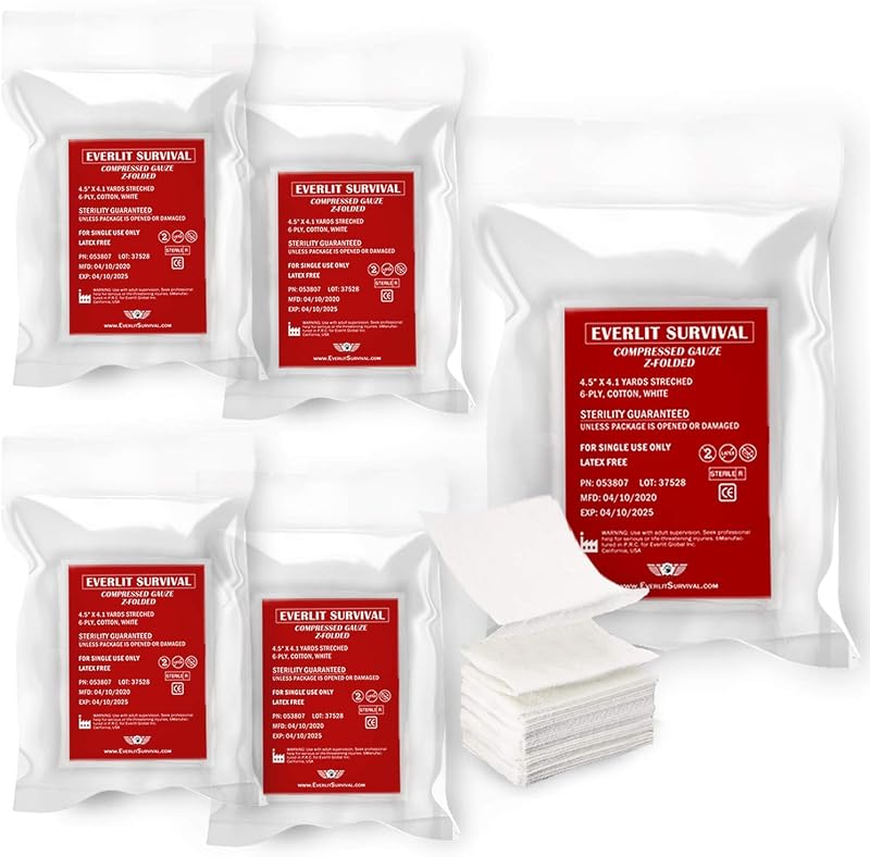 [5 Pack] Z-Folded Compressed Sterile Gauze 4.5" x 4.1 Yards, 6-Ply White Cotton, Essential First Aid and Stop The Bleed Kit Supply for Home, Medical, and Tactical Emergency Use (5)