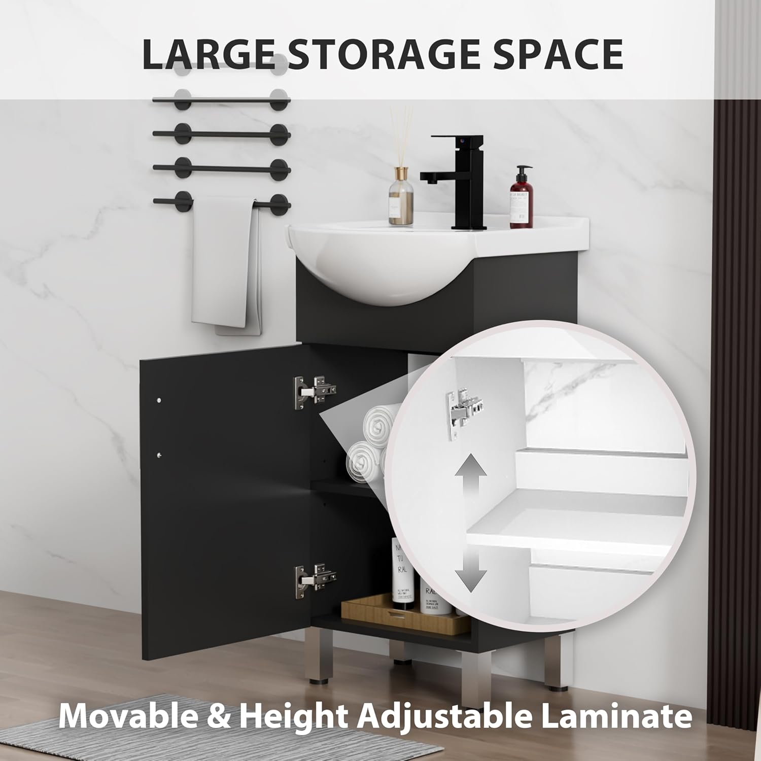 LUCKWIND 18 Inch Black Laundry Sink Cabinet Set with Ceramic Belly Bowl Sink and Faucet - Bathroom Vanity Combo, Ceramic Utility Sink for Laundry, Utility Room, Bathroom, Kitchen