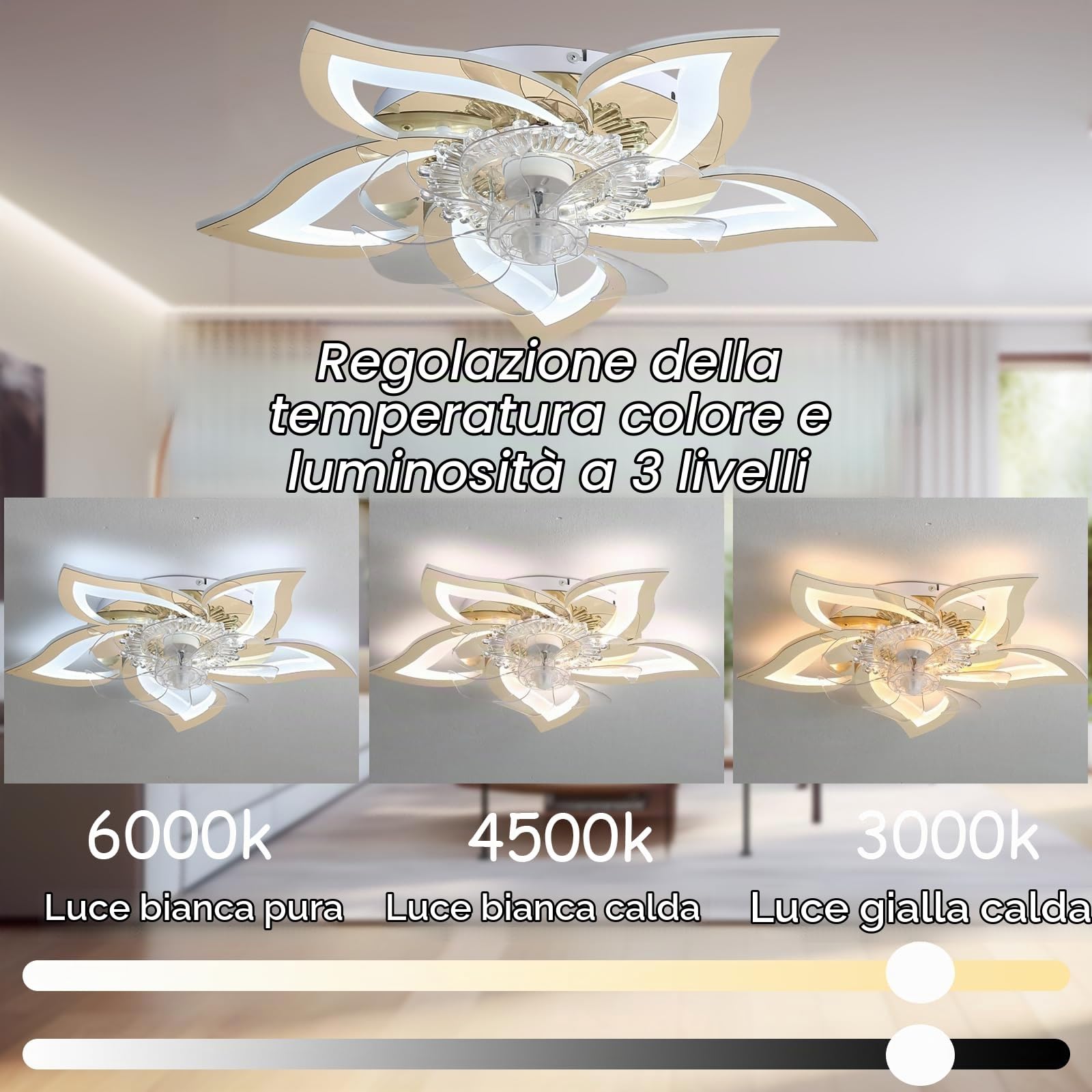 Ventilatore Da Soffitto Con Luce E Telecomando, Silenzioso Lampadario Con Ventilatore Da Soffitto Dimmerabile A 6 Velocità Reversibile Lampadario Ventilatore Per Cucina, Soggiorno-Gold