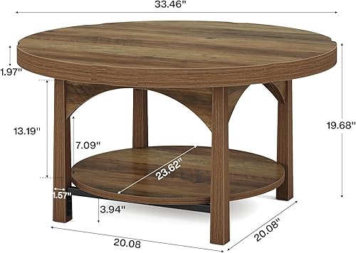 Miniatura 2 de Tribesigns Mesa auxiliar redonda, mesa central de granja de 2 niveles con estante de almacenamiento, mesas de cóctel de madera rústica para sala de