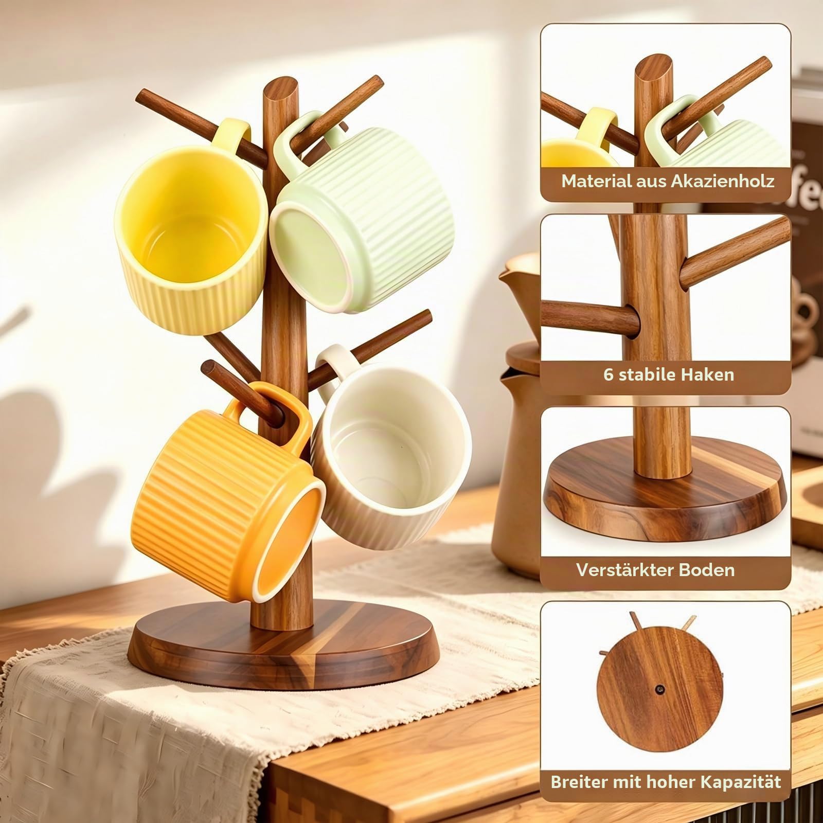 Tassenhalter Baum | Akazienholz Tassenbaum Kaffeetassenhalter | Kaffeetassenhalter für Küchentheke Dekoration Kaffee Bar Zubehör und Home Organizer Braun | mit 6 Haken (MHA6B)