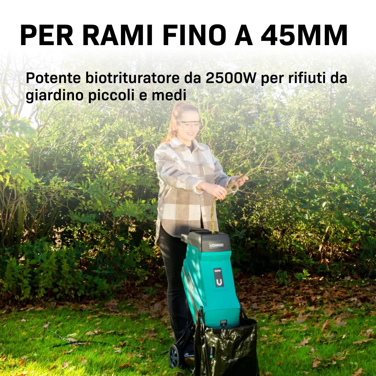 VONROC Biotrituratore elettrico 2500W – Trituratore Rami e foglie fino a Ø45mm, con Sacco Raccolta 45L, Lame in Acciaio Duro, Sicurezza Anti‑Sovraccarico – Leggero, Compatto e Facile da Pulire