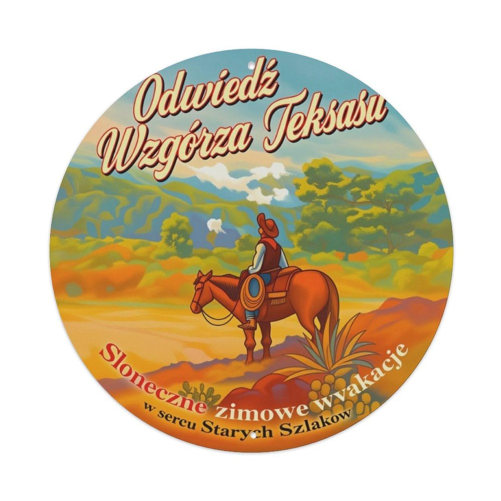 Polish Texas Hills Cowboy Round Sign Vintage Aluminium Metal Sign, Retro Wall Decor for Home, Bar, Garage & Farmhouse 20x20cm