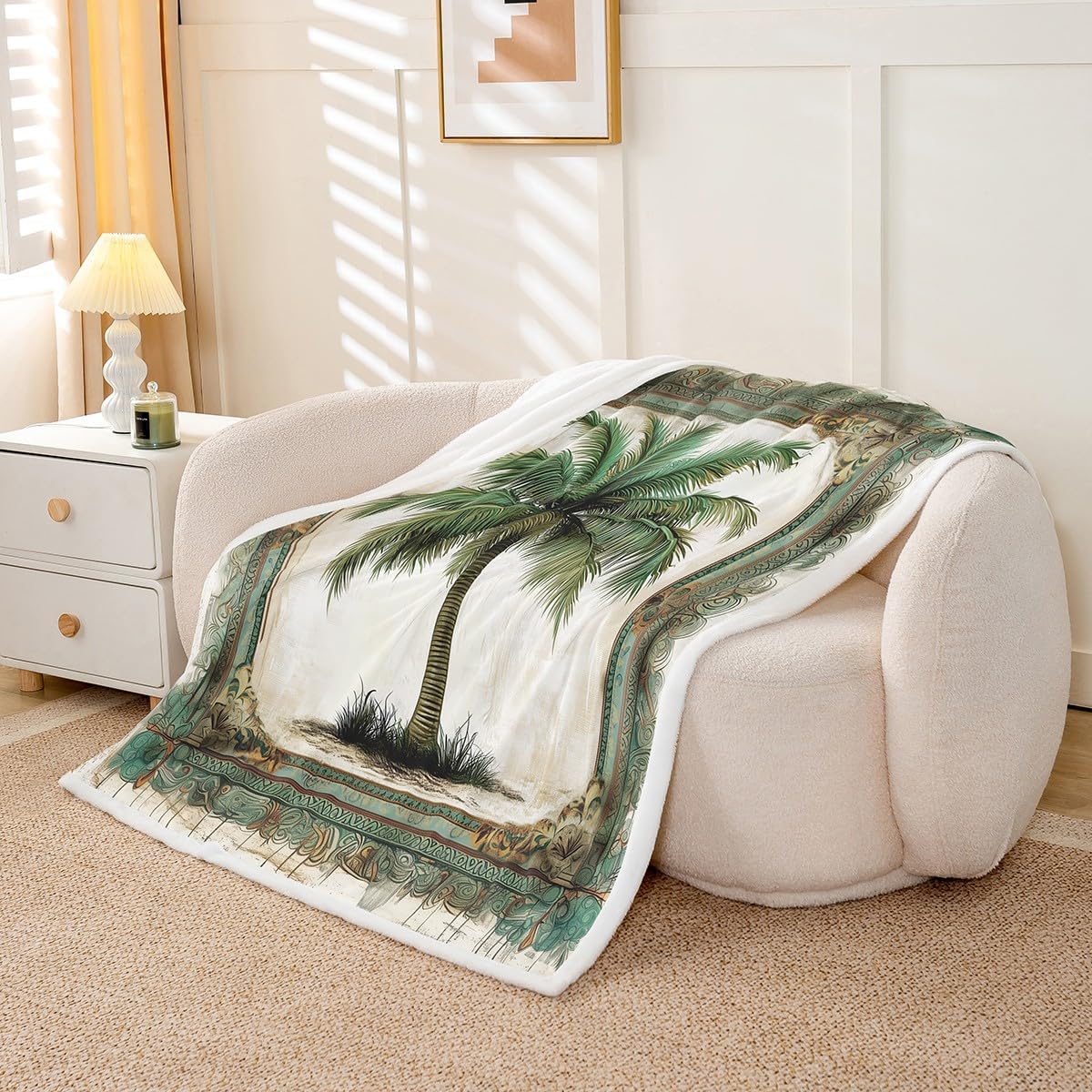 Castle Fairy Coconut Tree Throw Blanket,Green Palm Tree Blankets for Kids Teens Woman Men Room Decor,Tropical Plants Fleece Blanket Rustic Farmhouse Light Brown Sherpa Blanket,for Chair/Sofa,90"×90"
