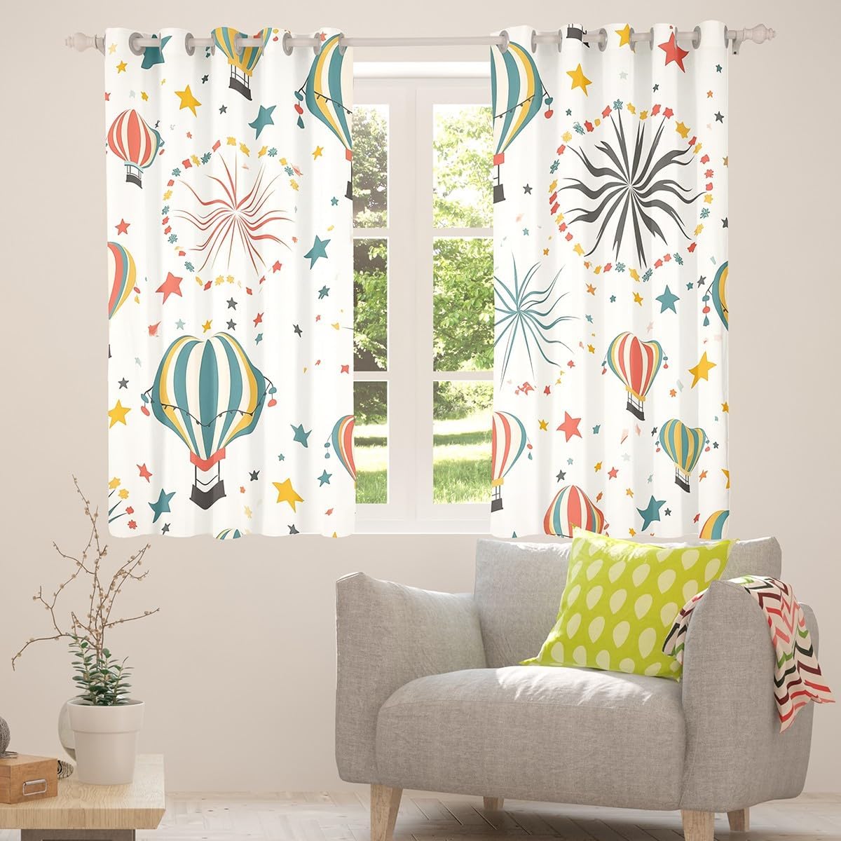 Cartoon Hot Air Balloon Window Curtain,Colorful Watercolor Star Print Curtains,Kids Girsl Boy Room,Fantasy Adventure Balloon Window Treatment Curtain Boho Cute Sweet Window Drapes,2 Panels,42Wx63L