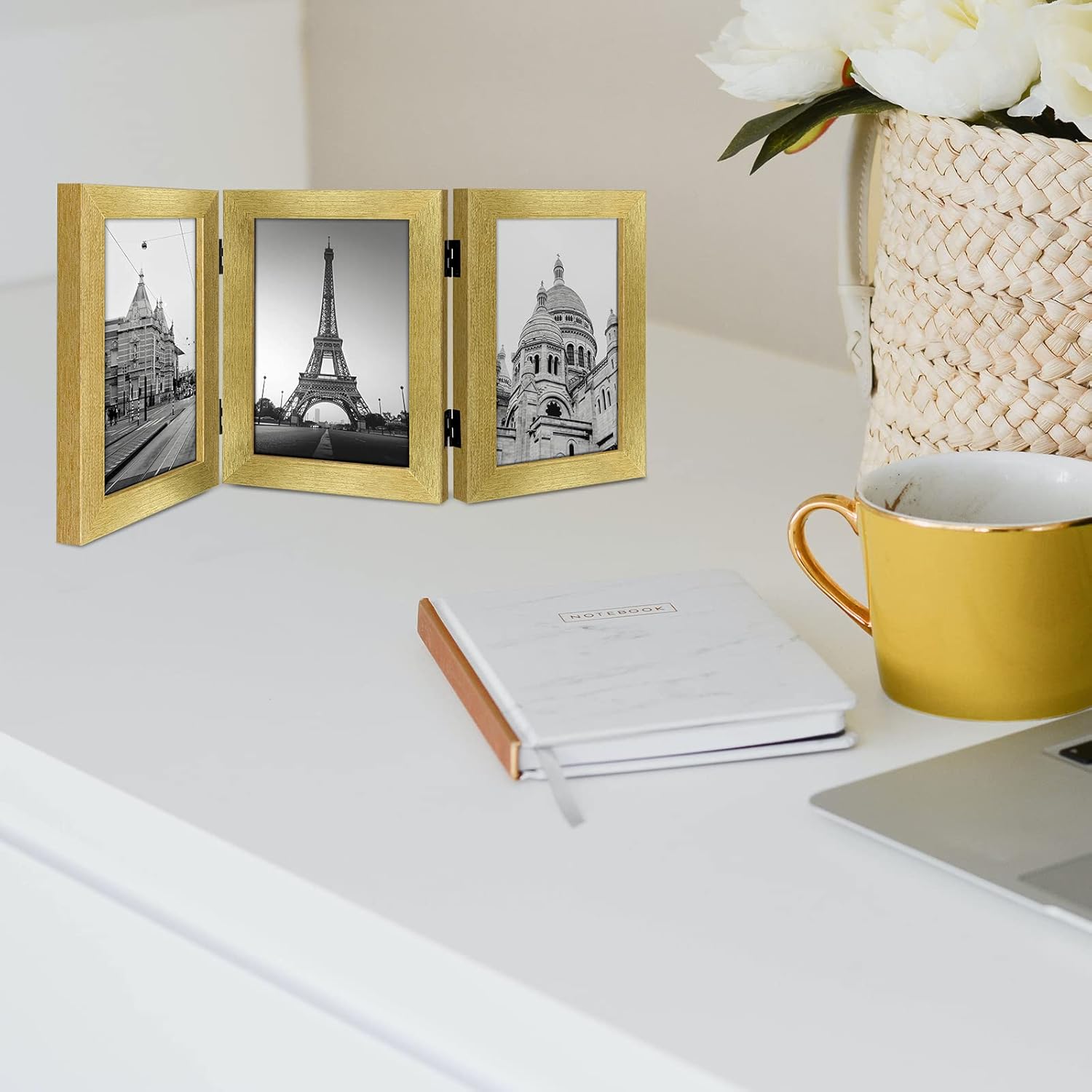 Golden State Art, 5x7 Three Picture Frame Trifold Hinged Photo Frame with 3 Openings, Desk Top Family Picture Collage, with Real Glass (5x7 Triple, Gold, 2-Pack)