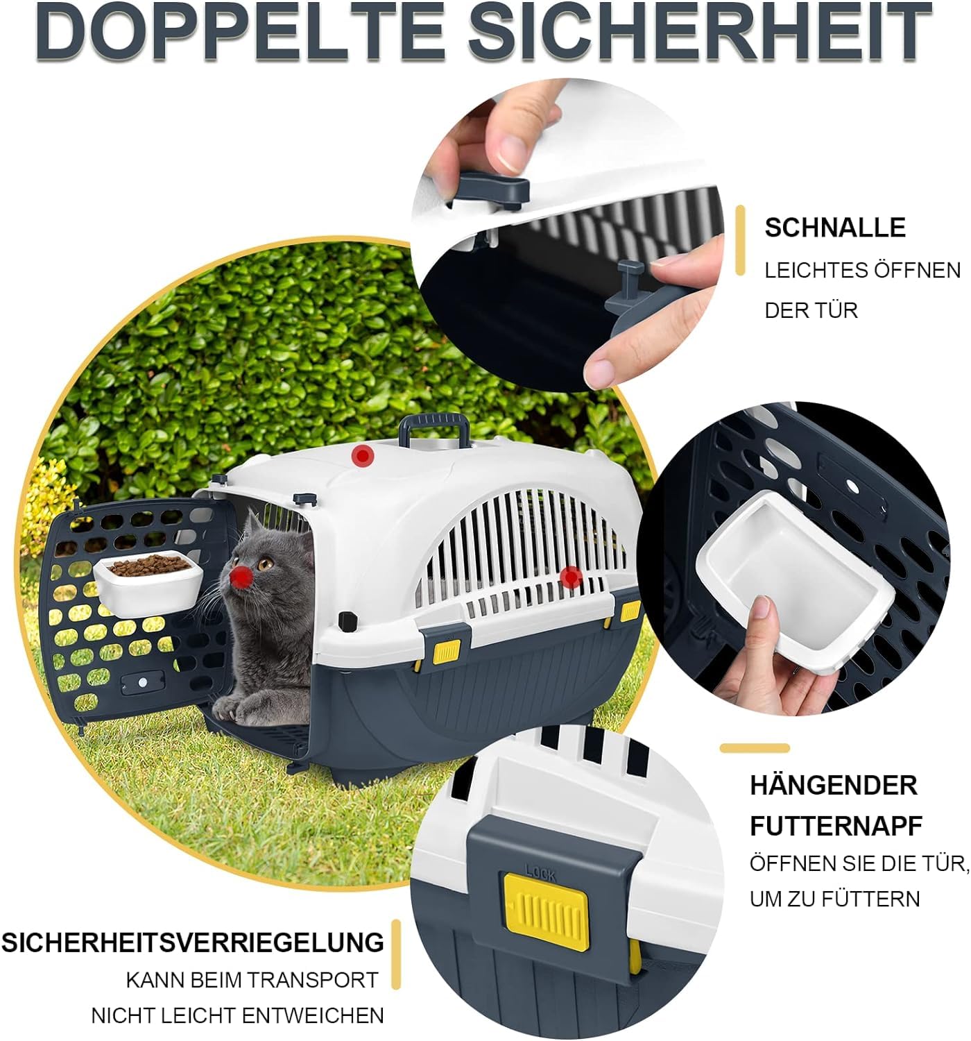 Boîte de transport pour chat - En plastique - Avec gamelle - Jusqu'à 10 kg - 61 x 37 x 37 cm - Gris