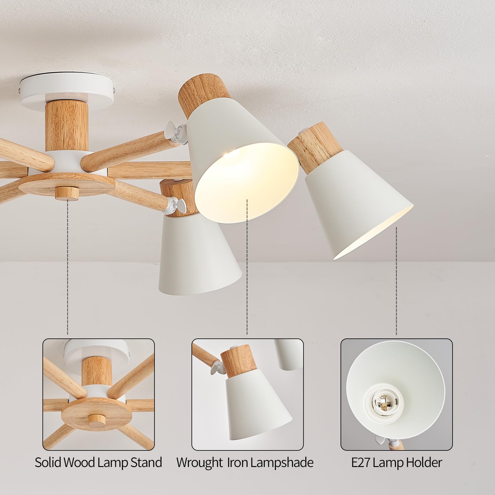 YOODI Lampada da Soffitto, Moderno Plafoniera Soffitto, 6 Luci Lampade a Sospensione, E27 Portalampada Lampadari in Metallo e Legno Massello per Camera da letto, Soggiorno (Lampadina non inclusa)