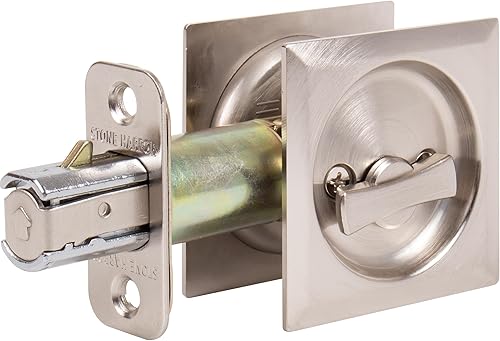 Miniatura 3 de Stone Harbor Hardware Cerradura de puerta de bolsillo cuadrada contemporánea, función de privacidad, fondo de 2-38", níquel satinado