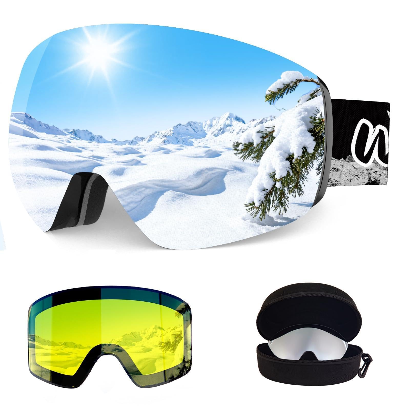 Skibrille OTG für Damen Herren Erwachsene Magnetisch Abnehmbare Wechselgläser Anti-Beschlag 100% UV400 Skibrille