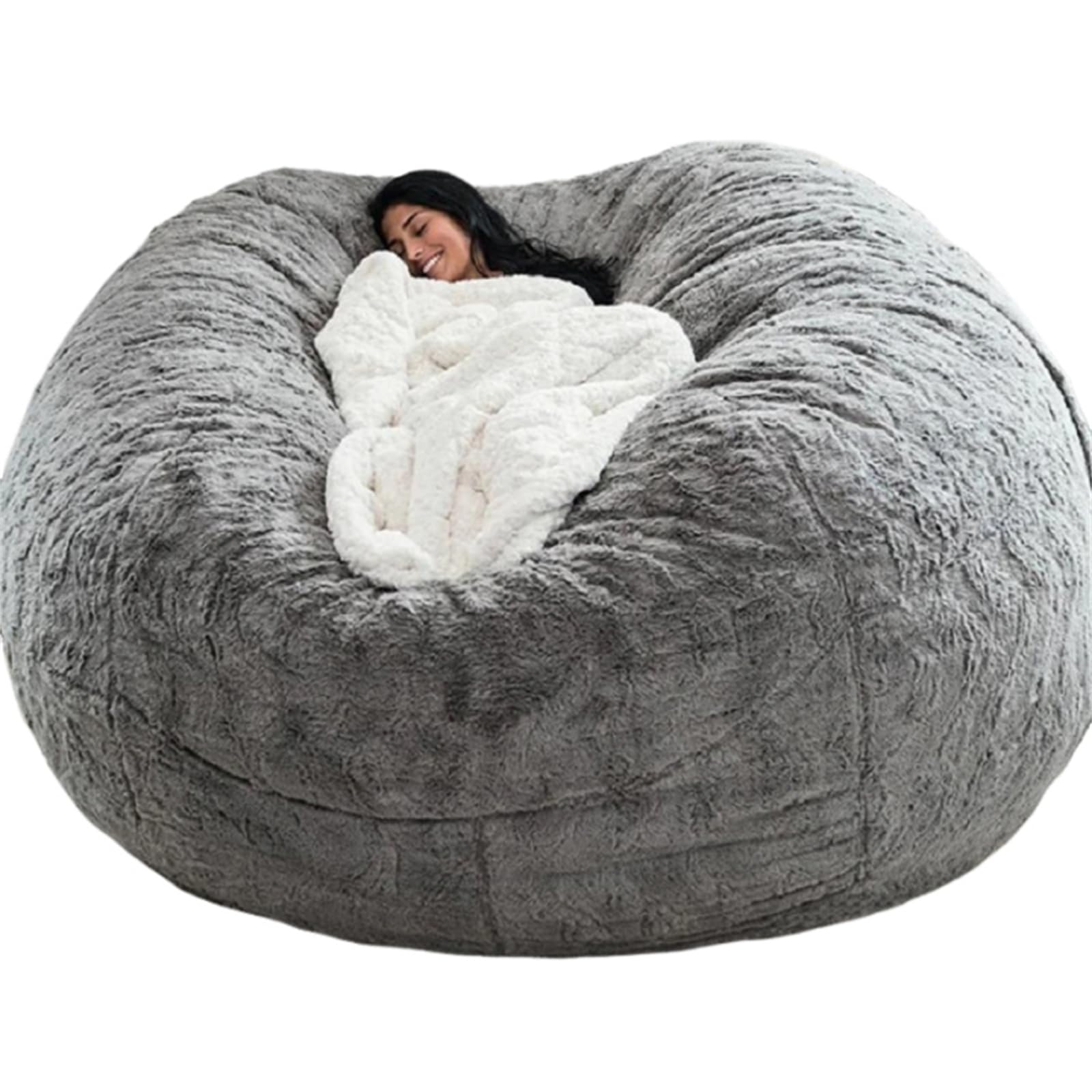 QIYIRO 6FT Fluffy Fur Bean Bag Chairs Cover, Giant Fur Soft Bean Bag Chair Cover(No Filler), Living Room Furniture Soft Faux Fur Fabric Large Bean Bag Cover (Light Gray)
