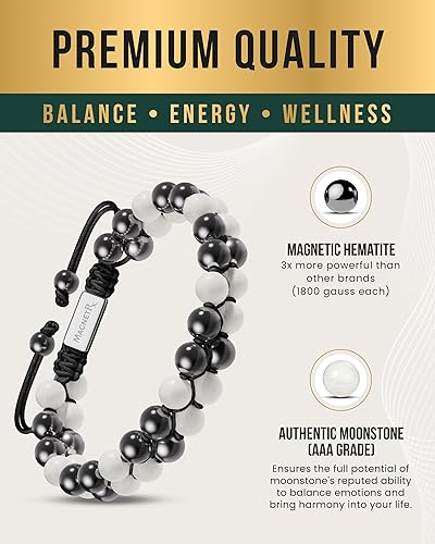 Miniatura 5 de MagnetRX Pulsera de hematita y piedra lunar, pulseras magnéticas de hematita de máxima fuerza, pulseras de cuentas blancas con cristales de luna