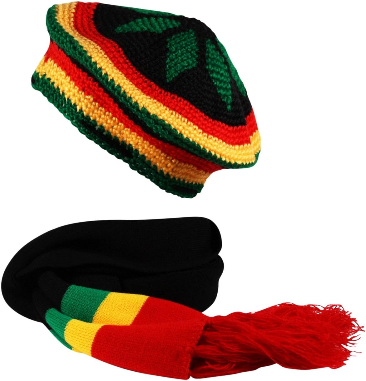 Rasta 2 in1 Scarf and Crochet Knit Tam Beret Hat Reggae Bob Marley Black Red Yellow Green