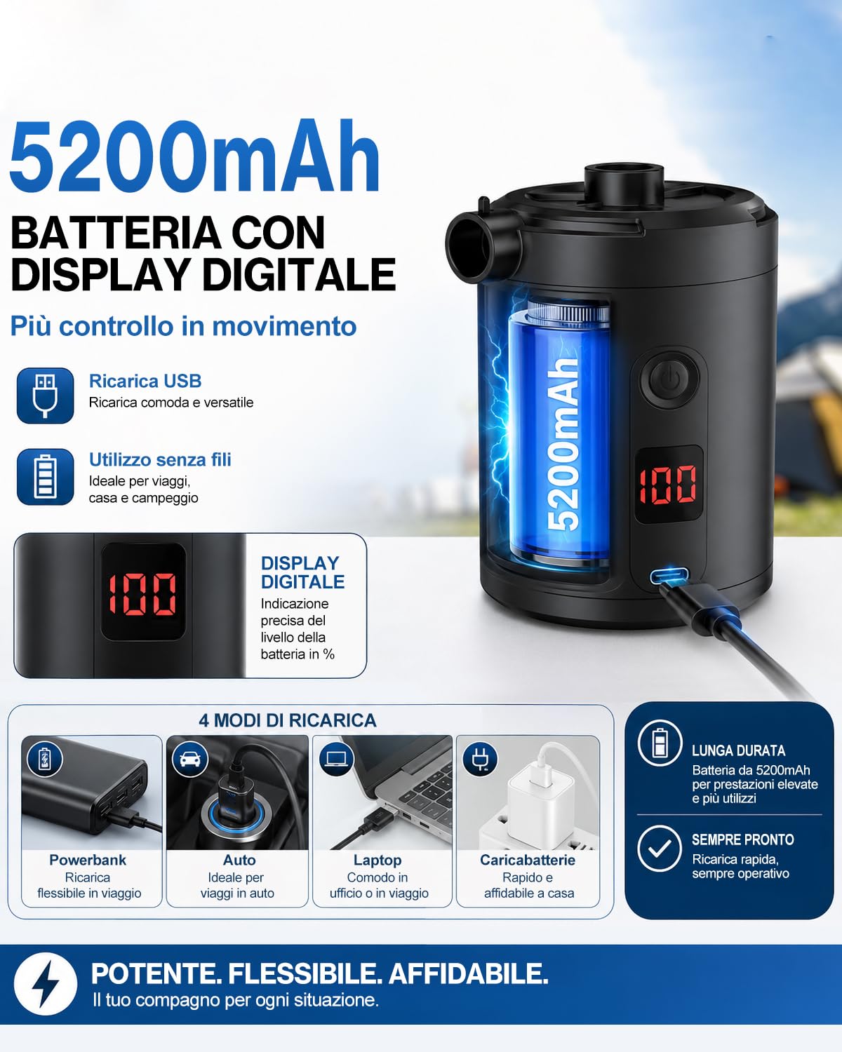 Lytool Pompa Elettrica 5200mAh con Display Digitale, 4 KPa Portatile Rapida 280L/min con 3 Ugelli e Anello per Piscina, Vacuum, Campeggio e Materasso Gonfiabile
