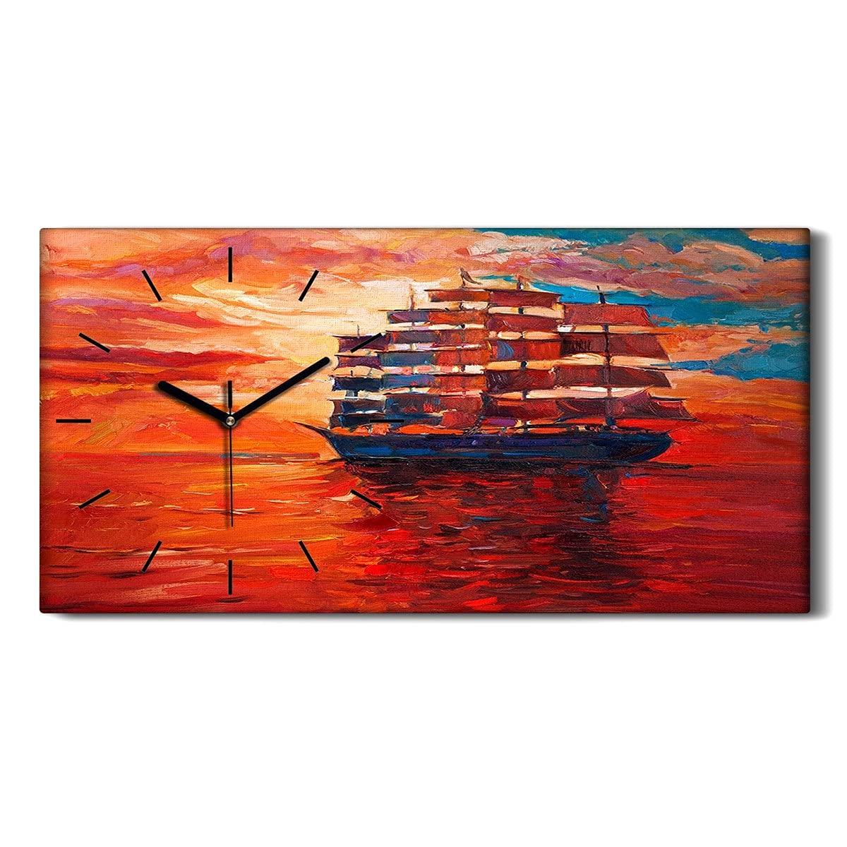 Horloge sur Toile Navire de Frégate 60x30cm avec Mains Noires Silencieuse
