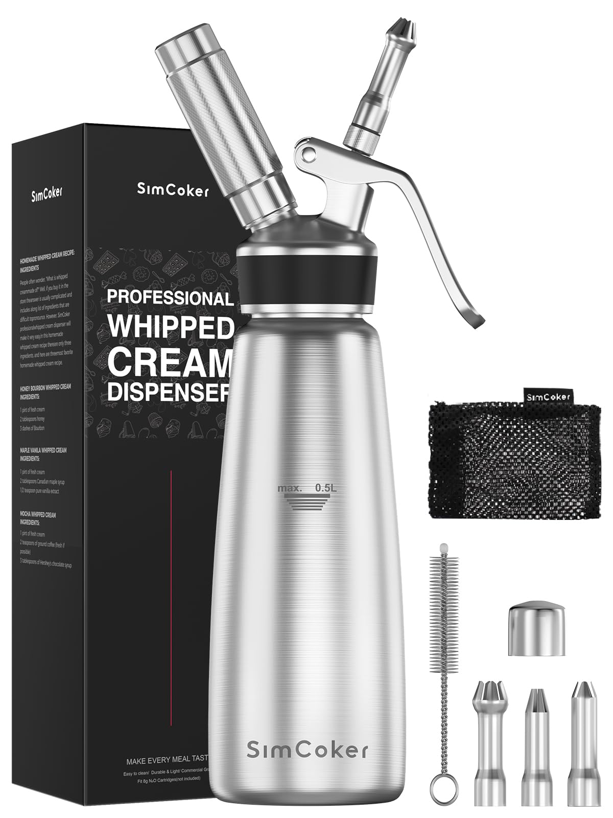 304 Stainless Steel Whipped Cream Dispenser,500ml Cream Whipper with 3 Decorating Nozzles,1Brush 1Storage Bag,Whipped Cream Maker without N2O Charger,Dishwasher Safe