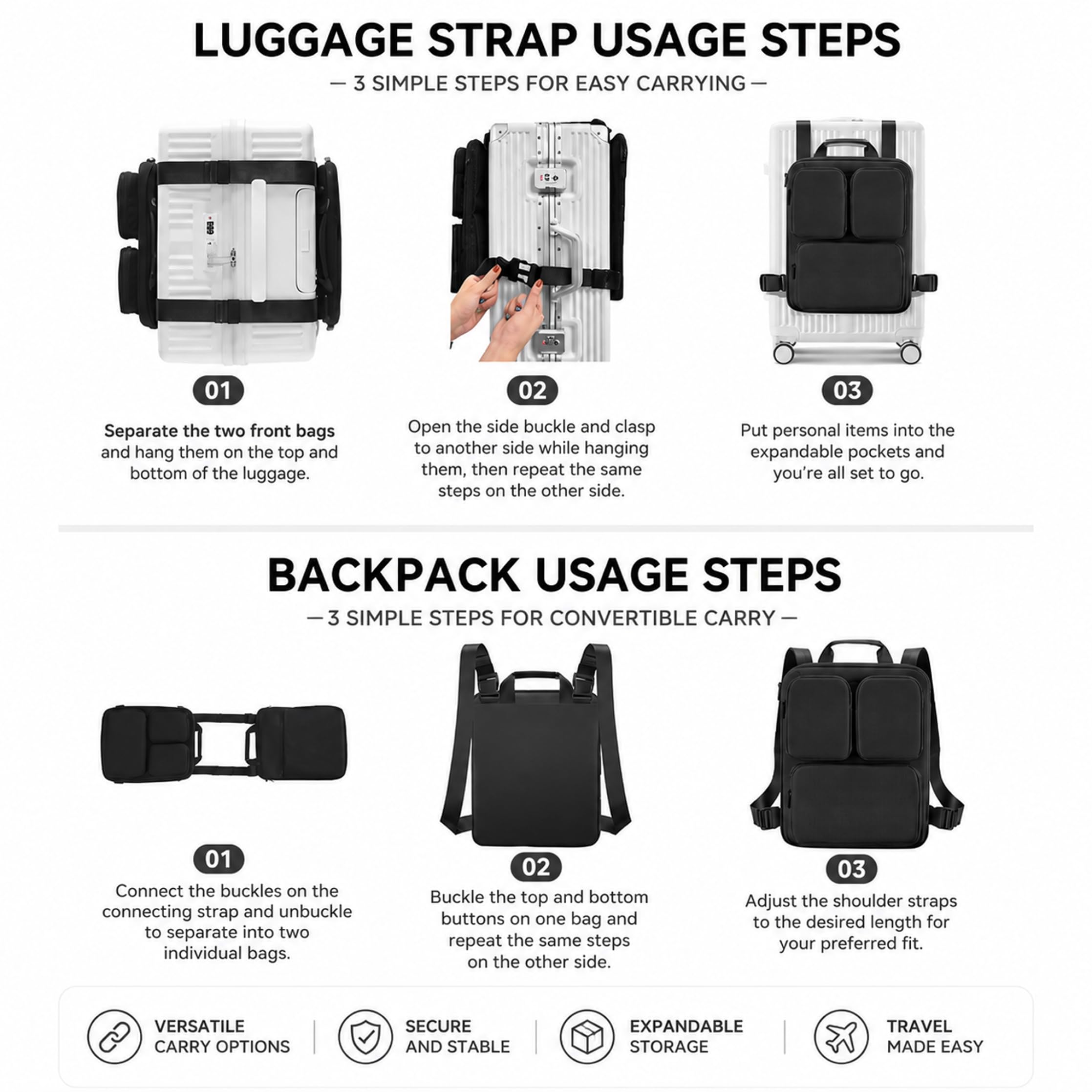 Organisateurs de Bagages pour Valise, Organisateur de Bagages pour Sac à Main, Sac Voyage léger et détachable avec Compartiment pour Ordinateur Portable 15, 6 Pouces, Organisateur
