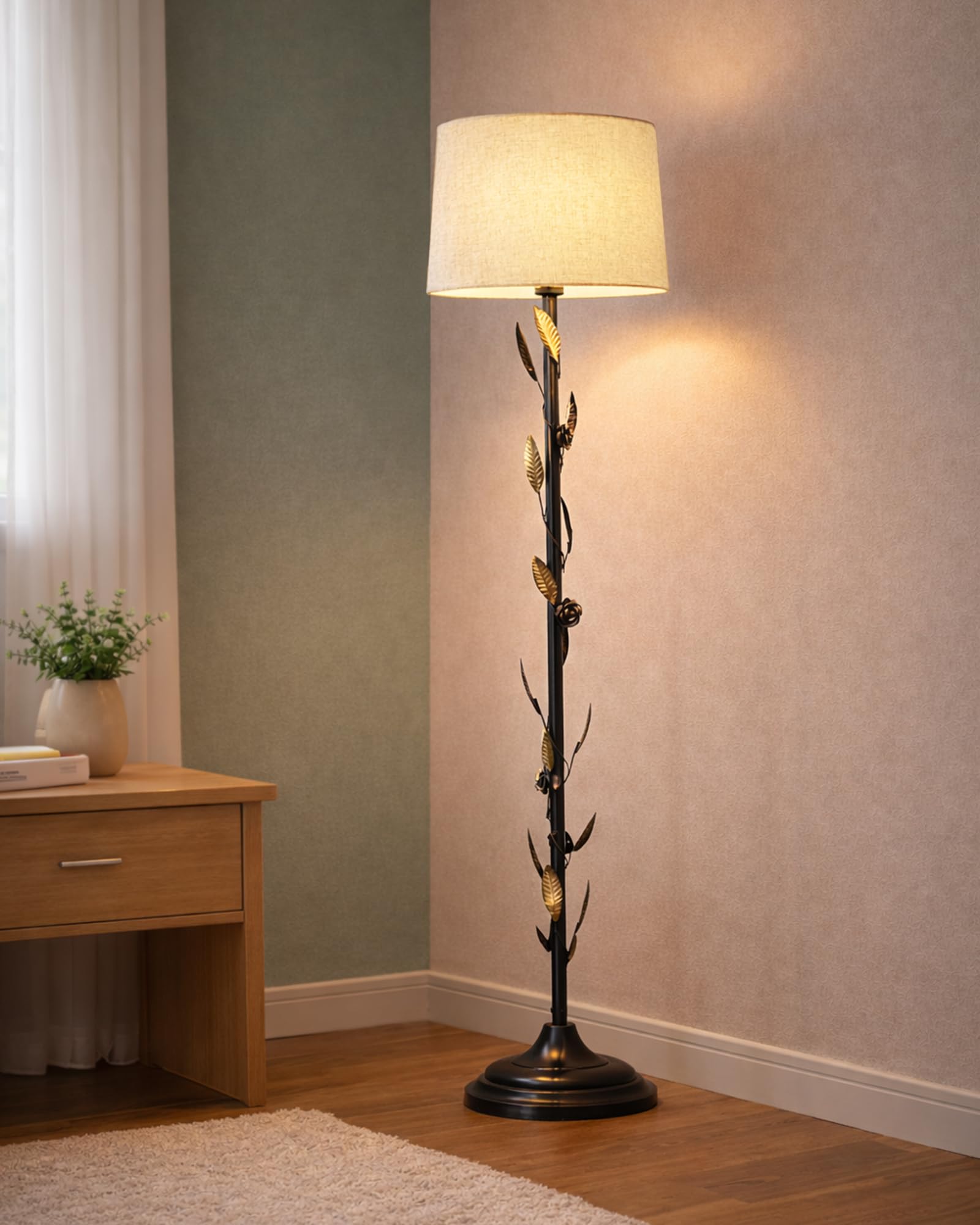 Homesake Floor Incandescent Lamp With Shade, Contemporary Metal Night Table Incandescent Lamp For Bedroom, Home, Living Room, Bedside, Home Decor Items (Floral, Beige)-picture-34
