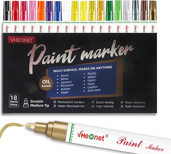 Paint Pens, Paint Markers - 18 Multi Oil Based Waterproof Markers for Tire, Rubber,Wood, Rocks, Metal, Canvas,Plastic, Dark Surface,Craft office Supplies,Medium Point