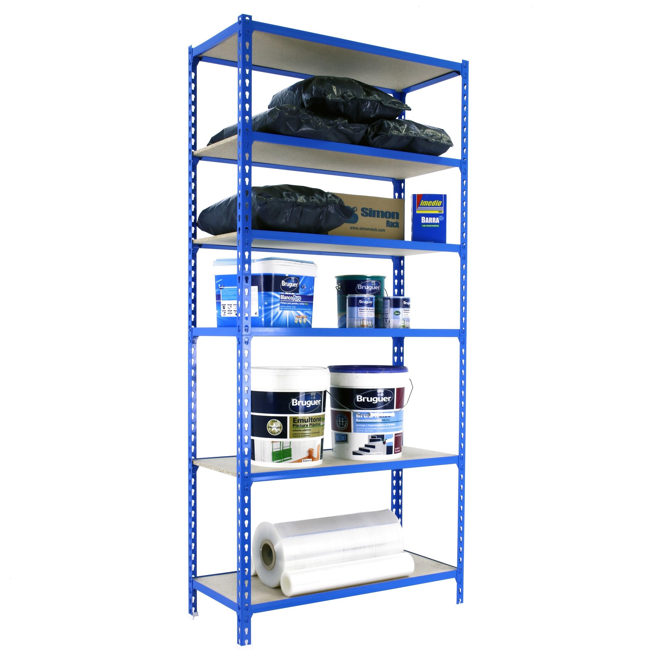 Simon Rack Scaffale Metallo Garage e 6 Ripiani, Capacità di Carico 150 kg e Punto di Flessione, 2500x900x300 mm, Metallo, Scaffalatura per Garage, Blu/Legno - Maderclick