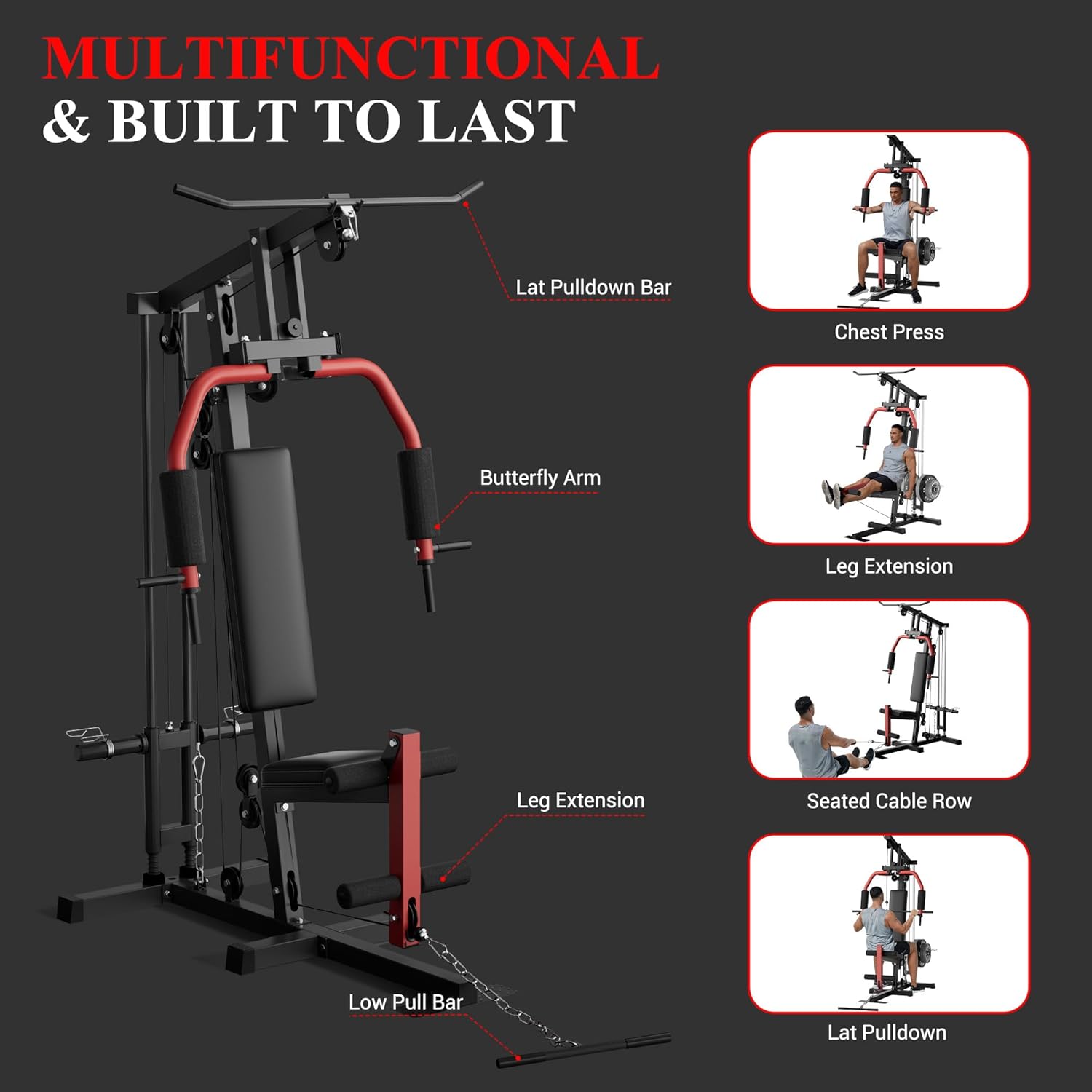 5-in-1 Multifunctional Home Gym Equipment, Full Body Training Machine with LAT Pulldown, Chest Press, Leg Extension, Seated Row,300LB Weight Capacity, Fits 1&2 Inch Weight Plates (Not Included)