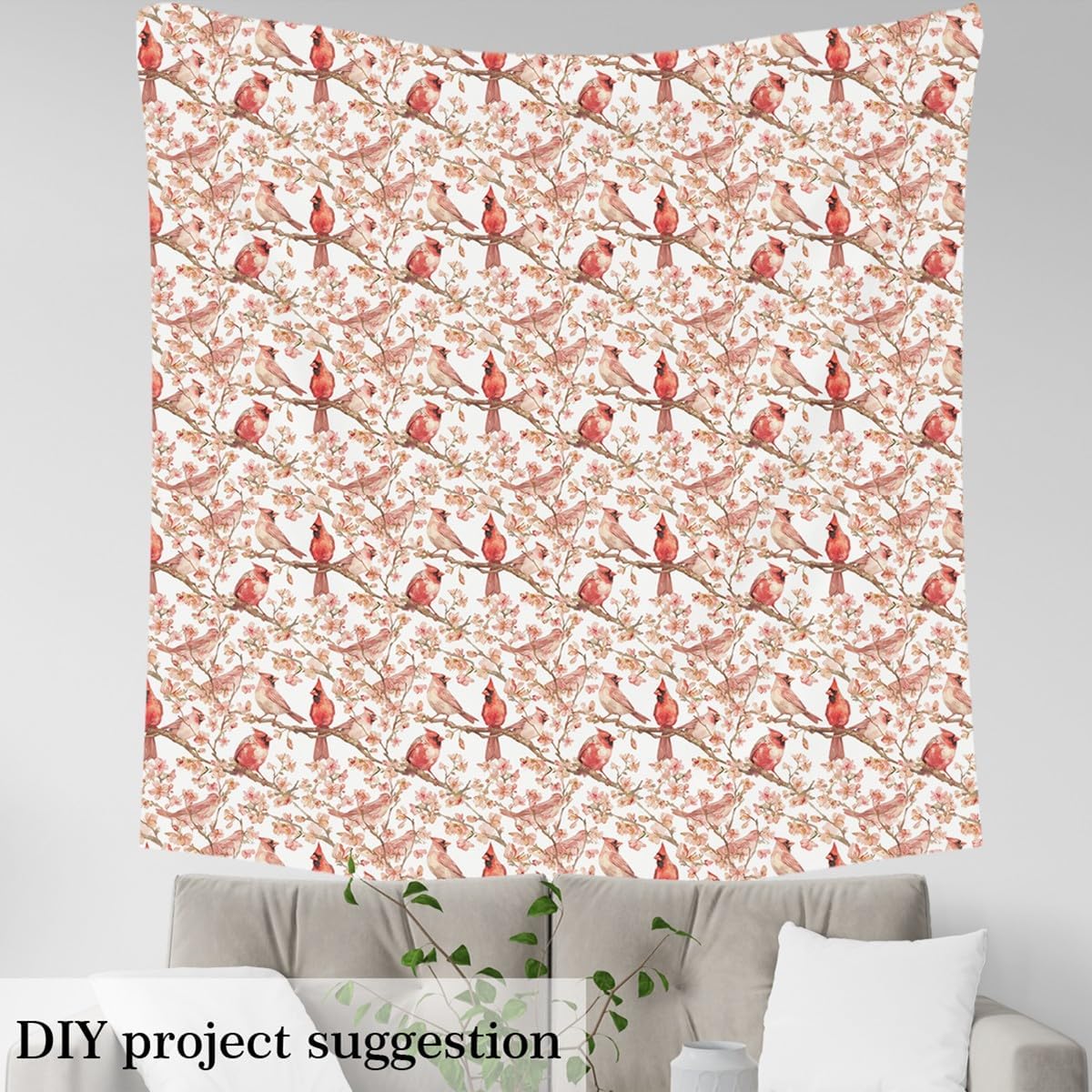 Feelyou Birds Fabric by The Yard 5 Yards Cherry Blossoms Decorative Waterproof Outdoor Fabric for Boys Girls Floral Botanical Branches Upholstery Fabric for Chairs Nature Theme DIY Reupholstery Fabric