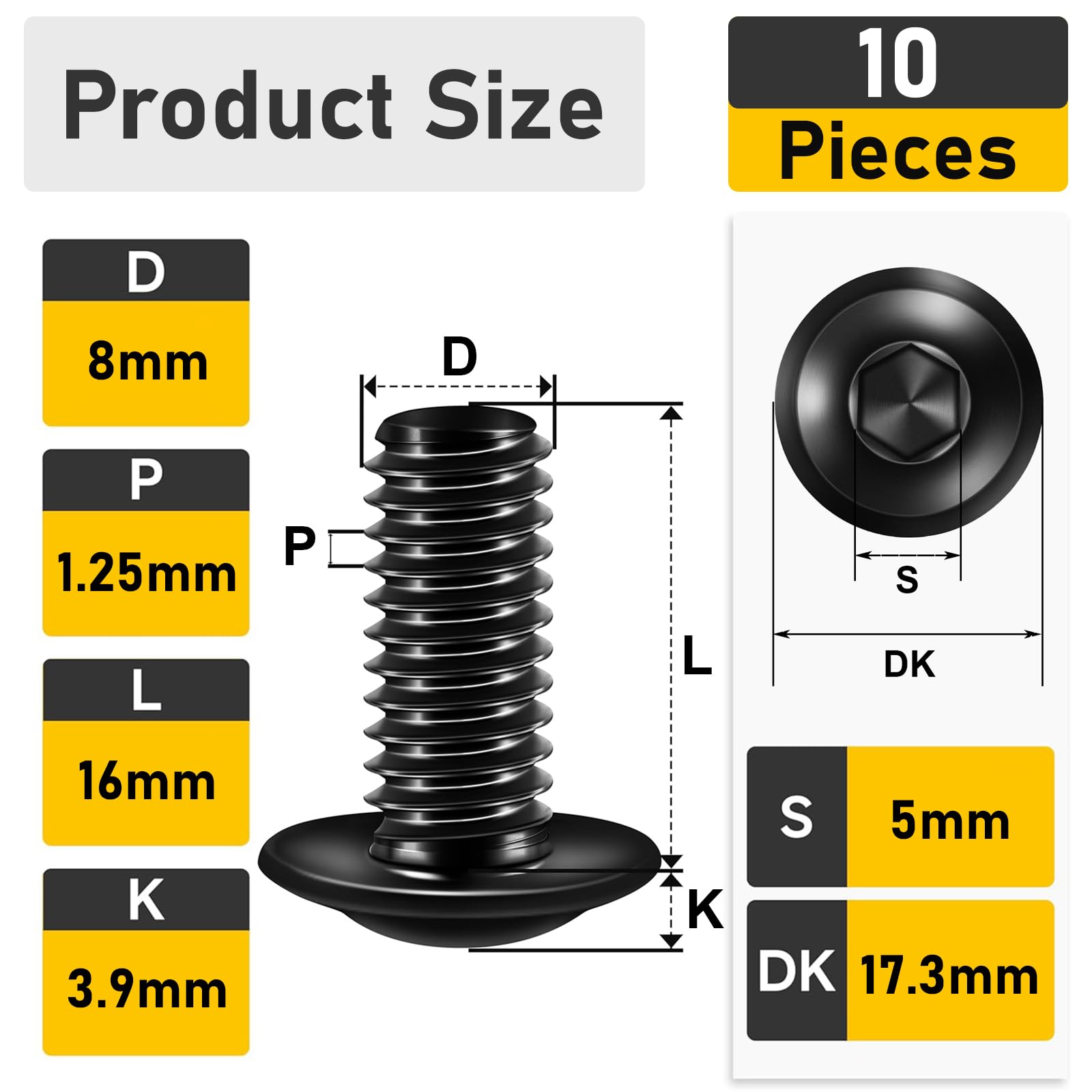 Valorada M8 Bolts, M8 x 16mm Flanged Button Head Screws Allen Socket Bolts Stainless Steel 304 Black Finish with Hex Spanner Pack of 10 - Image 2