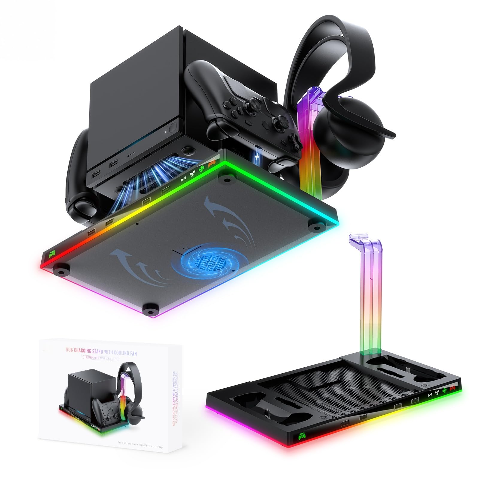 Base di ricarica per macchine a vapore Supporto caricabatterie doppio controller, supporto verticale con luce RGB per supporto controller vapore, supporto per cuffie dock di ricarica