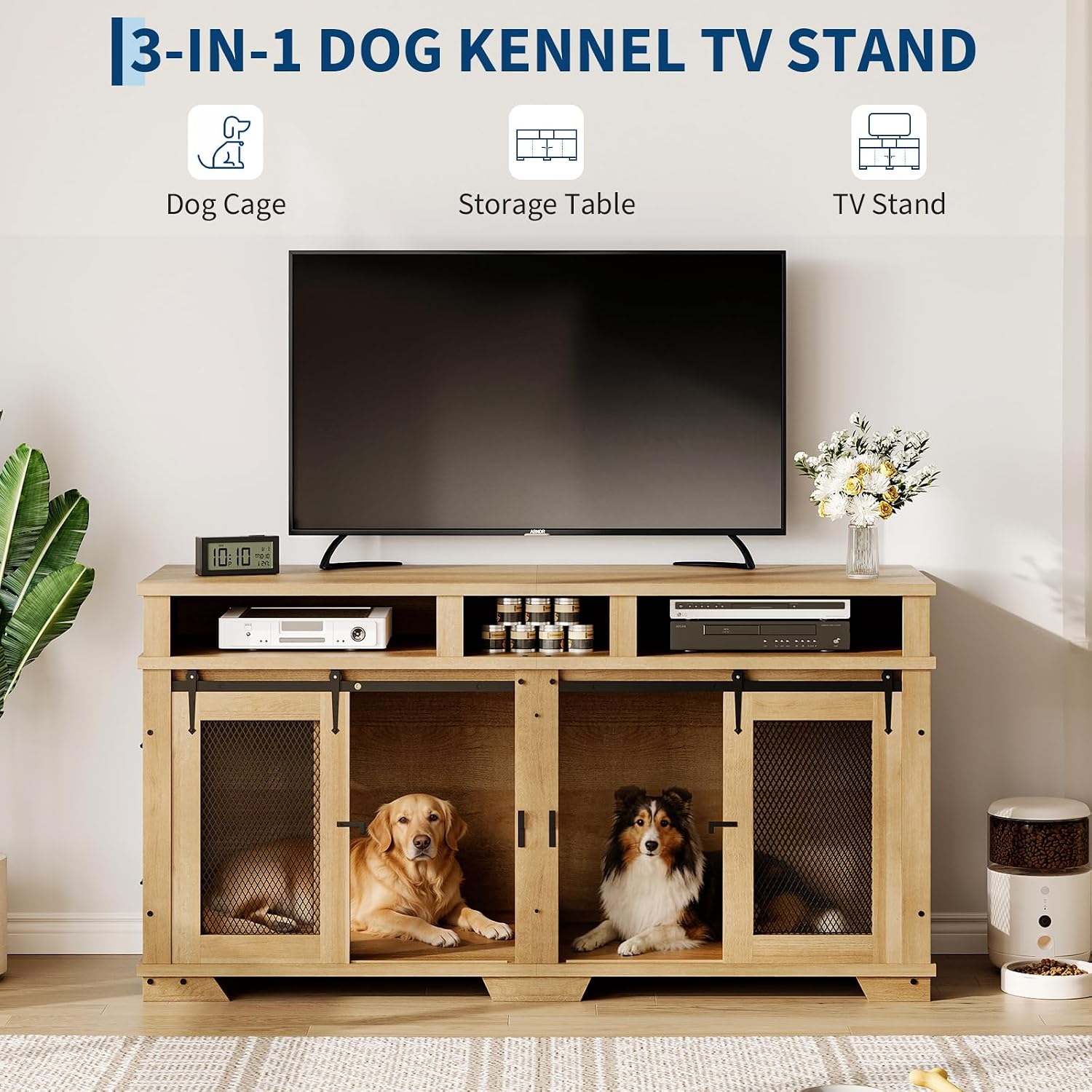 71'' Dog Crate Furniture for 2 Dogs, Extra Large Double Dog Kennel Indoor with Removable Divider and Storage Drawers, Wooden Dog Crate TV Stand for Large Medium Dogs