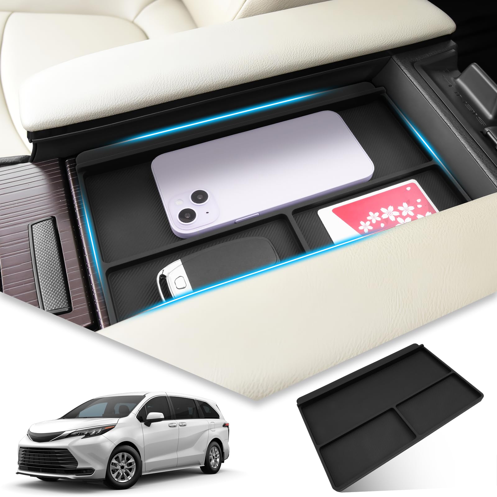 BIBIBO for 2023 2024 Toyota Sienna Non-Slip Storage Mat for Armrest Box 2022-2024 Toyota Sienna Center Console Organizer Tray Silicone Anti-Slip Avoide Items from Falling into Gaps Sienna 2021-2024