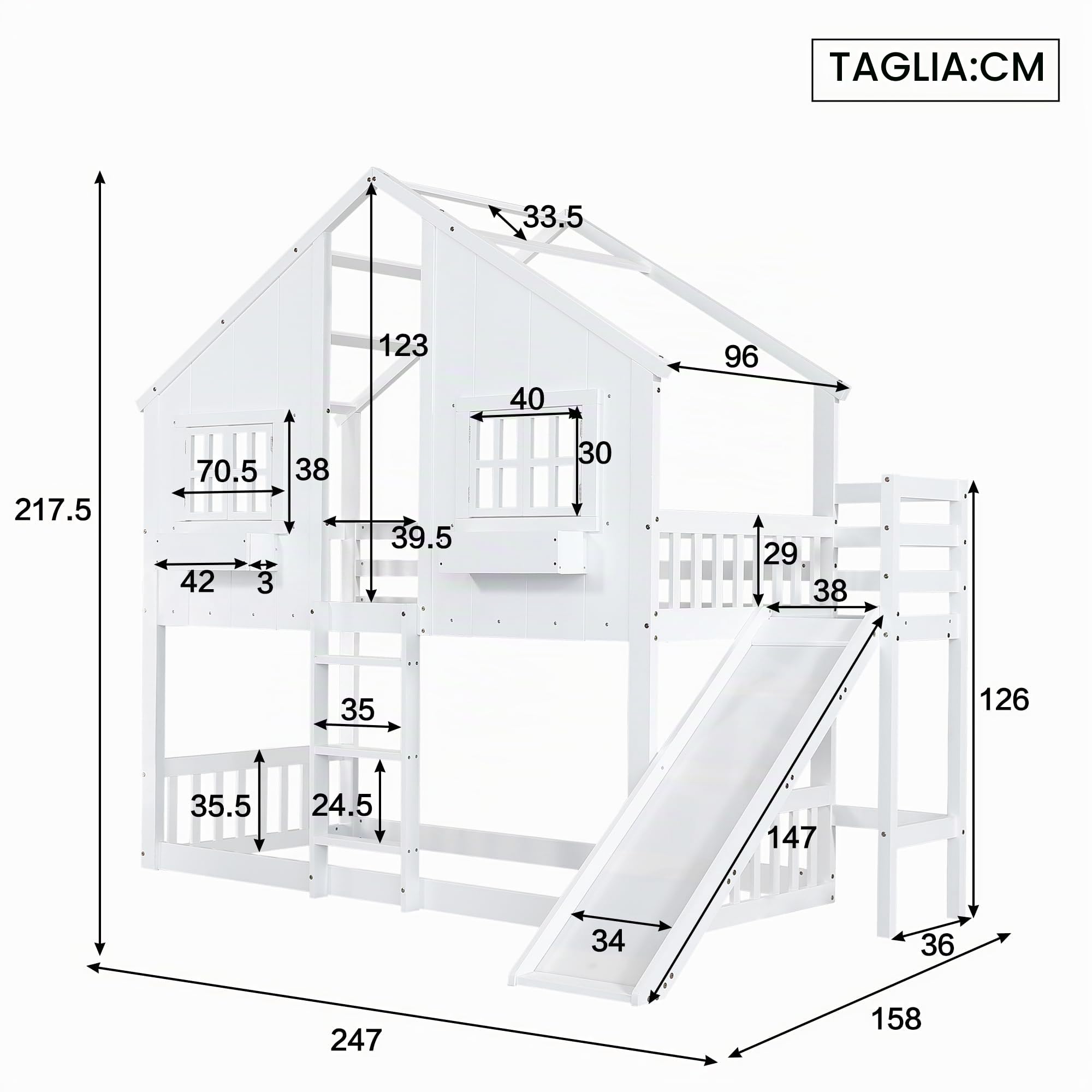 Letto a Castello (90x200 cm) in Pino+MDF con Scivolo e scaletta a Tre gradini, Letto a Castello per Bambini con Tetto, Finestra, Sponda di Sicurezza, Bianco