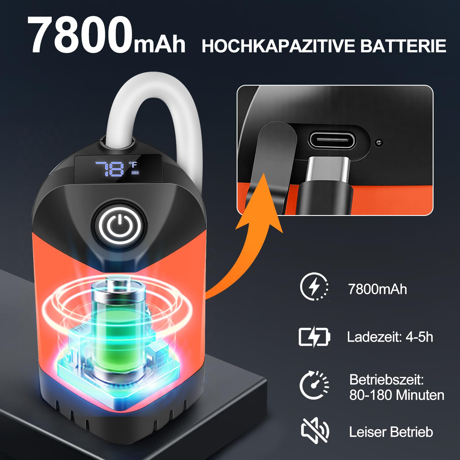 B013 Portable Camping Dusche mit 7800mAh Akku, USB-C, 3-Stufen Duschkopf & leiser Pumpe – Wasserdicht mit LED Temperaturanzeige für Vanlife, Outdoor Reise, Strand & Haustier