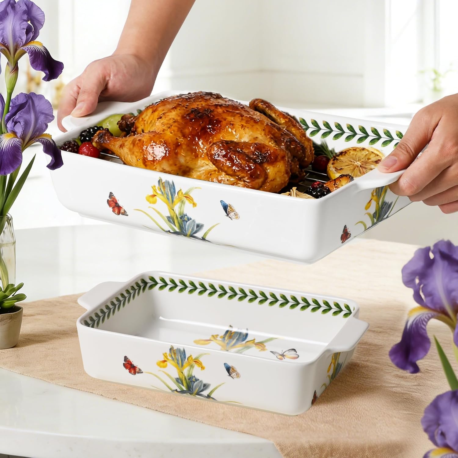 ACMLIFE Ceramic Casserole Dish Set, Ceramic Baking Dish for Oven, Casserole Dish Bakeware Set, Casserole Dishes for Oven, Lasagna Pan, Large Baking Dishes with Handles, Microwave, Dishwasher Safe, Gift Packaging Floral 2 Pcs Set(13"x8"+10.3"x6.3") (Iris)