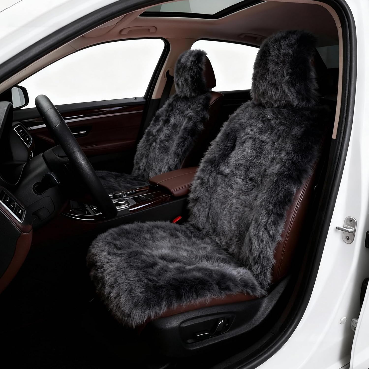 Car Seat Mat Set – High Density Faux Sheepskin Winter Seat Pad with Thickened Sponge Lining, Plush Warm Cushion, Fuzzy Car Seat Covers (Dark Gray)